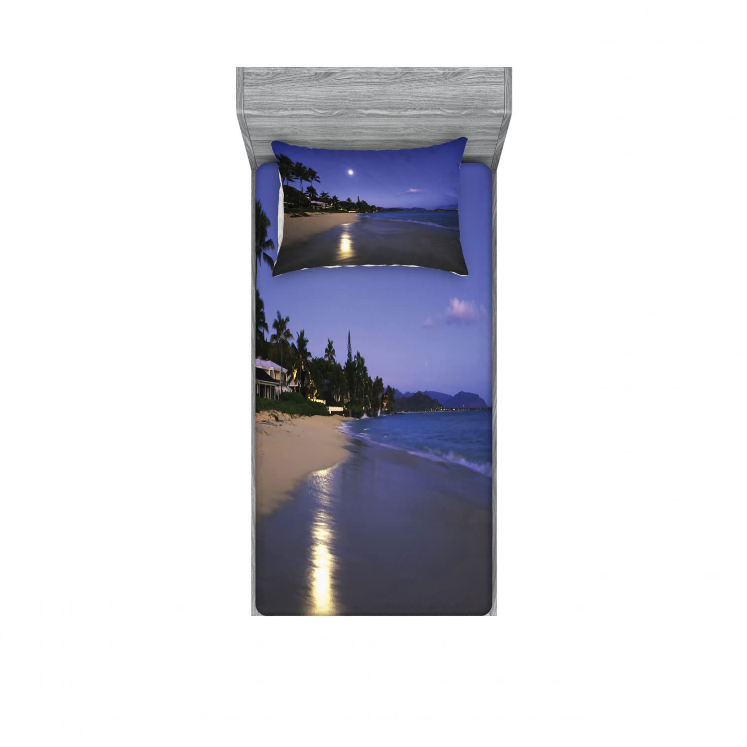 Ambesonne Tropical 2-Pack Twin Fitted Sheets & Pillow Sham Set - Moonlight Hawaii Ocean Theme, Navy & Sand 4-Piece Bedding Decor for Coastal & Beach House Bedrooms