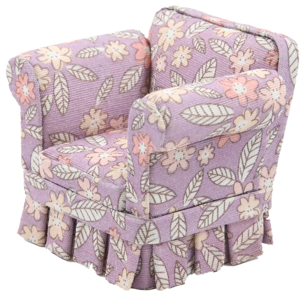 Miniature Dollhouse Purple Floral Country Armchair - 1:12 Scale Living Room Furniture for DIY Dollhouse, Miniature Home Decor, Collectibles & Model Displays