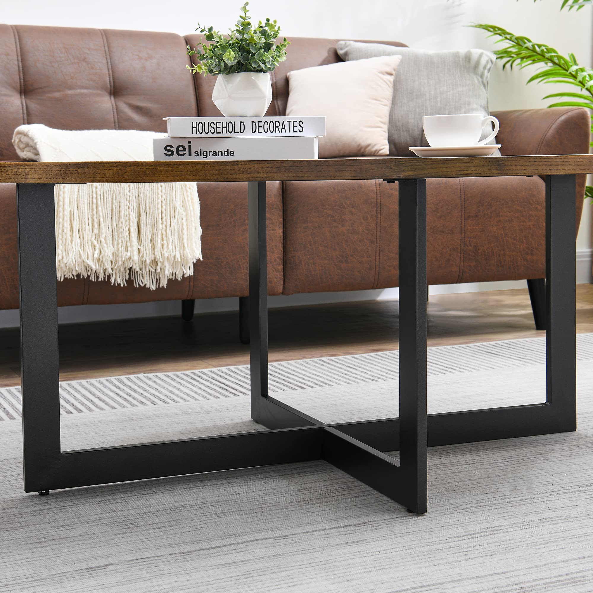Solid Wood Oval Coffee Table with Cross Metal Legs - 47.9