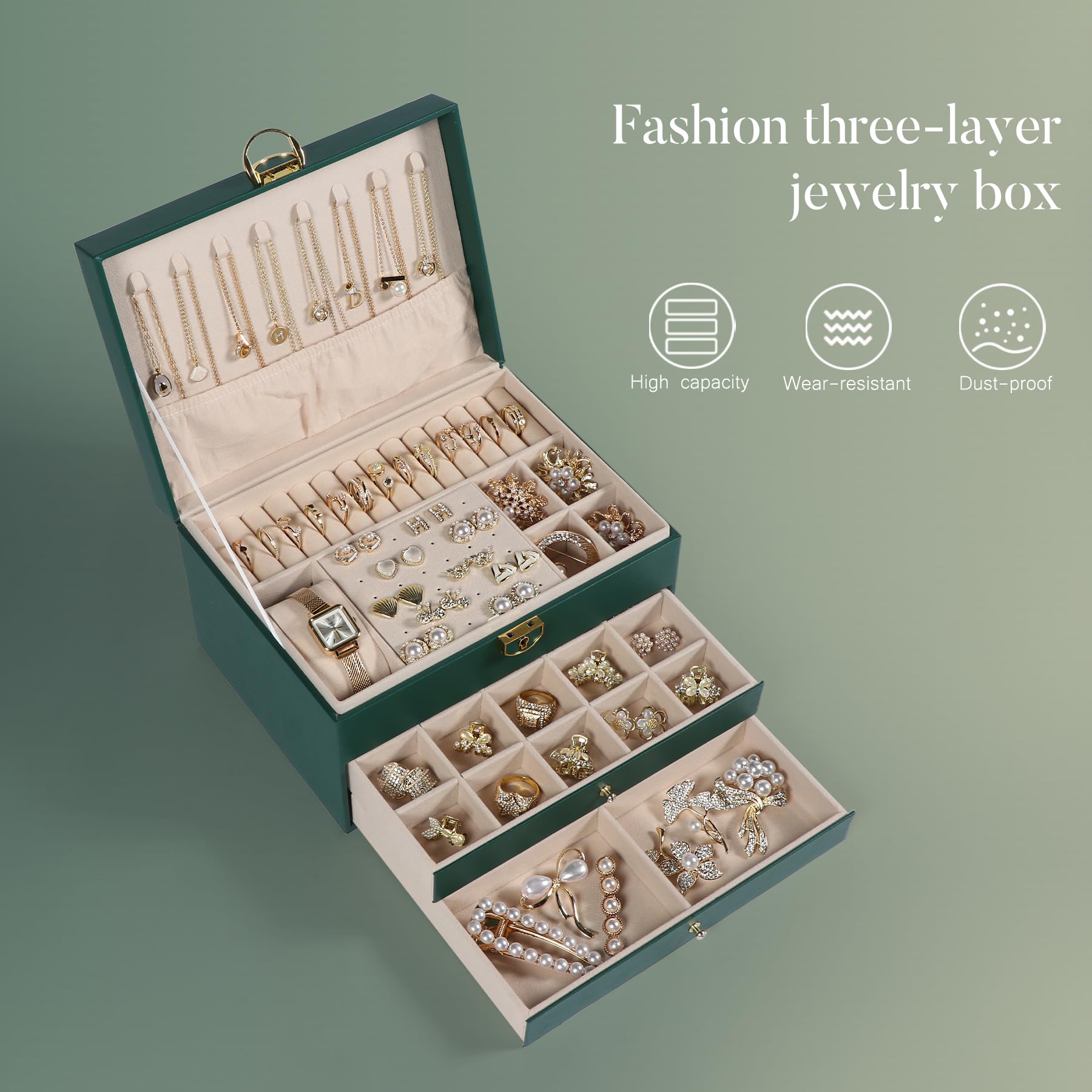 3-Layer Jewelry Organizer Box with Lock for Women - Earring, Necklace, Bracelet & Ring Storage - Perfect Christmas, Birthday & Valentine's Gift - Green Jewelry Case for Travel & Home Organization