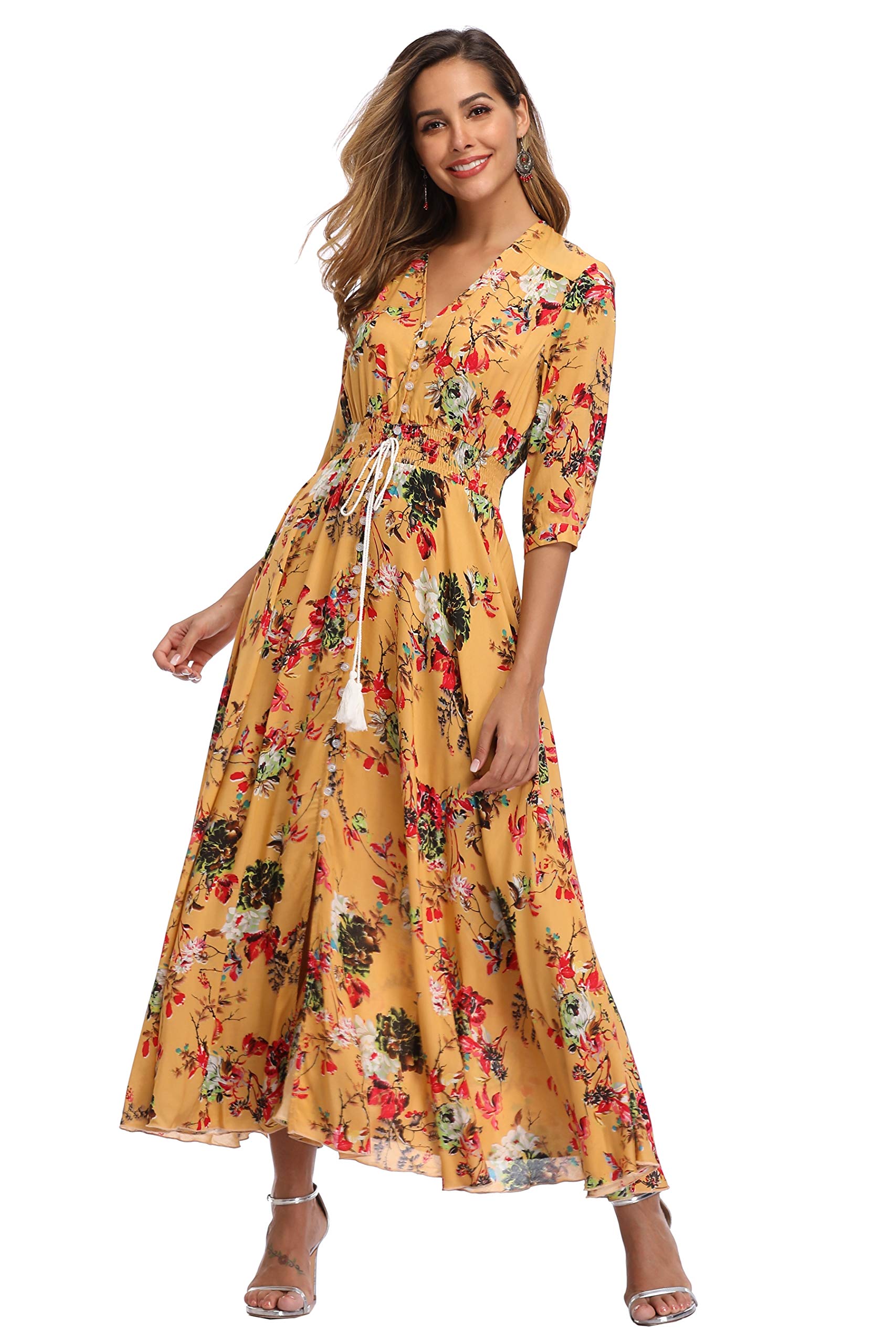 Vintage Floral Maxi Dress for Women - Long Sleeve Boho Beach Dress with Flowy Silhouette | Perfect for Summer Vacations, Music Festivals & Beach Weddings