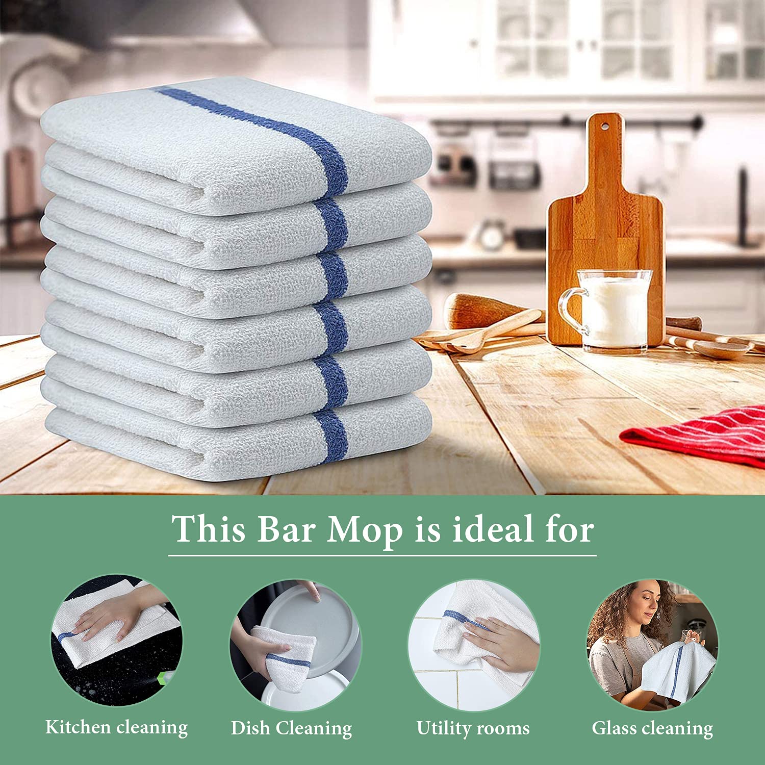Bar Mop Blue Stripe Kitchen Towels - Pack of 36 (16x19 Inches, 6 lbs) | 100% Cotton, Double Stitched, Super Absorbent Dish Towels & Washcloths Set | Perfect for Restaurants, Catering & Home Kitchen Use