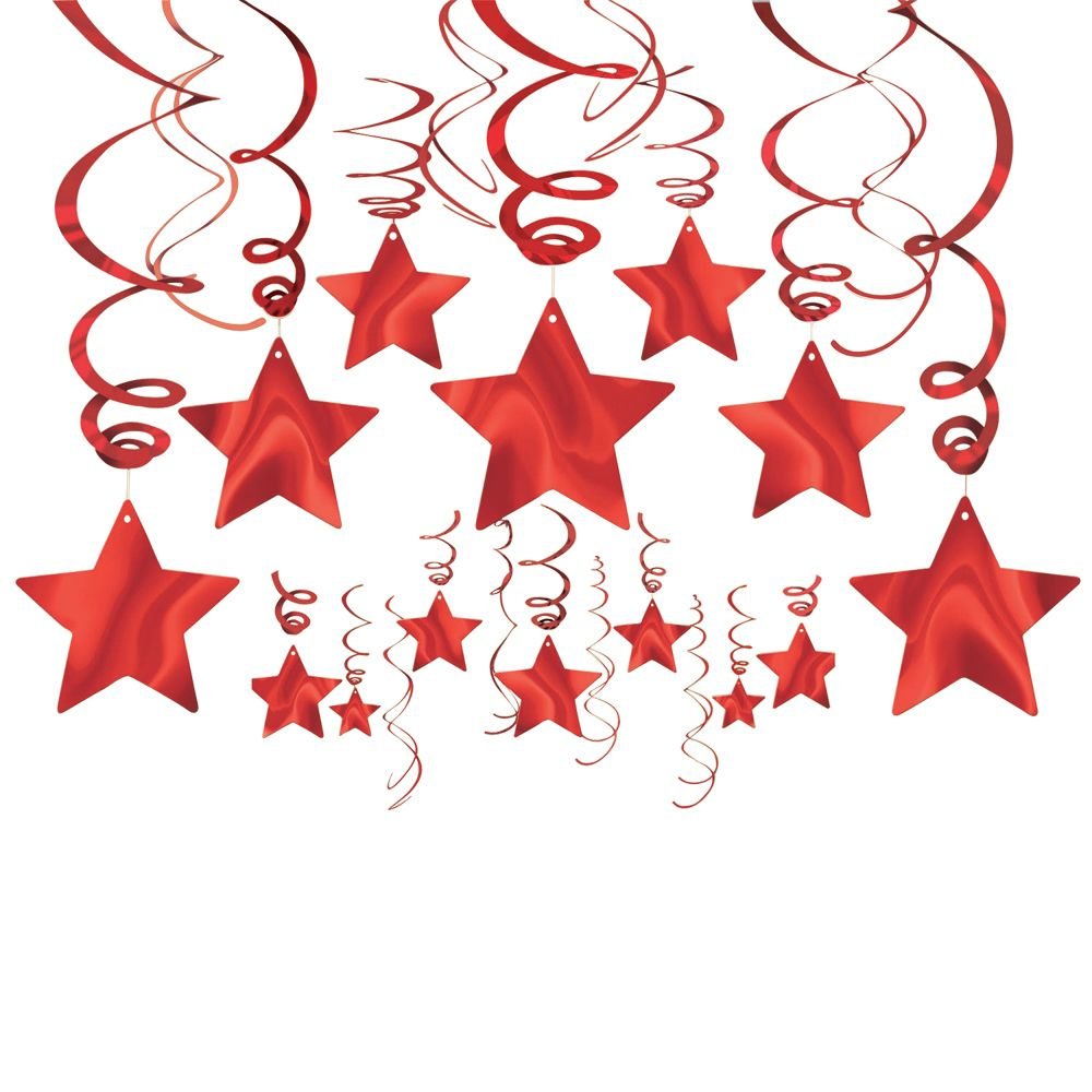 Red Foil Star Hanging Decorations - 24 Pack Shiny Christmas Party Decor for Holiday, Birthday, Wedding & Baby Shower - Perfect for Ceiling, Wall, Window & Party Backdrop Decorations