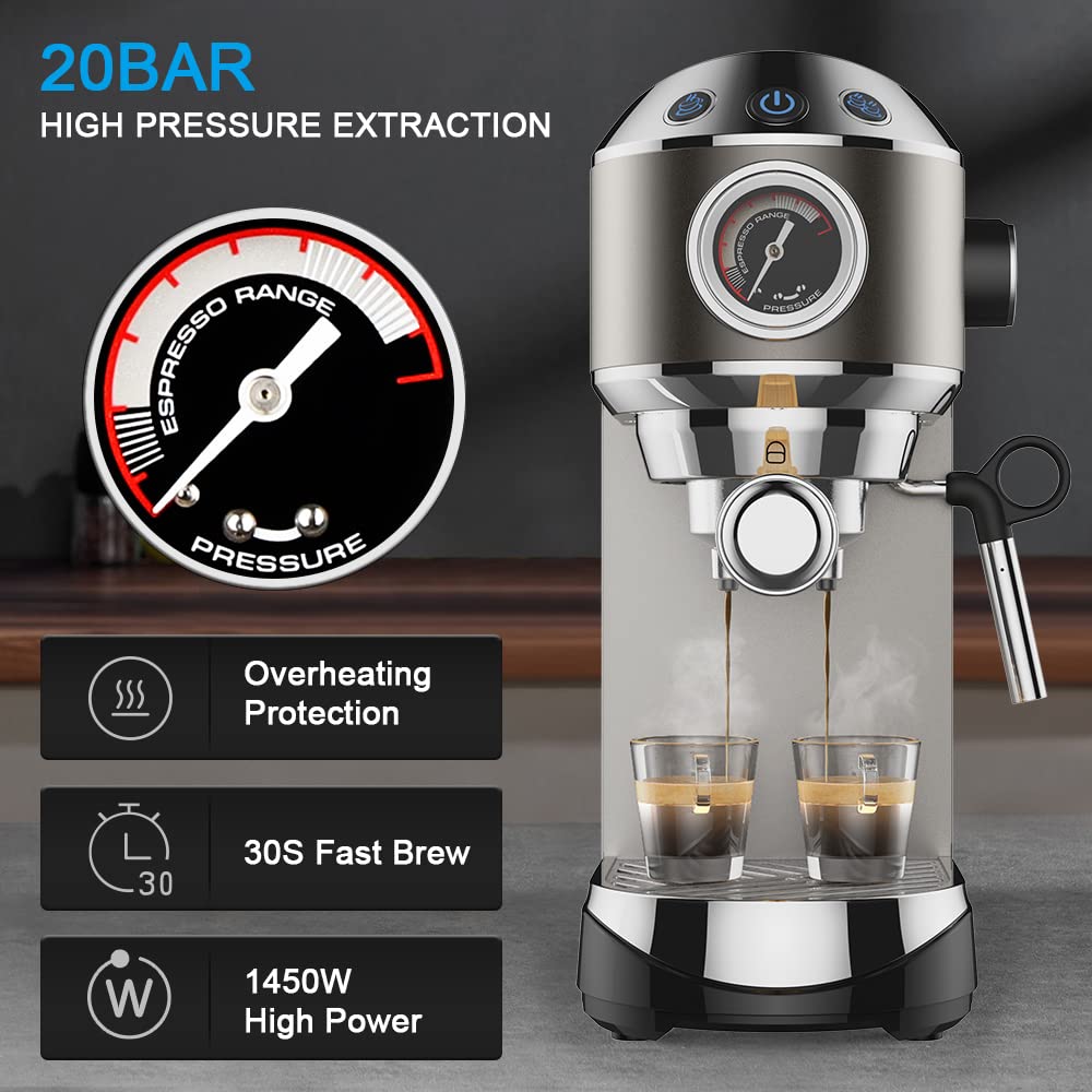 Biolomix 20 Bar Espresso Coffee Maker Machine with Milk Frother Wand - Professional Espresso, Cappuccino, Latte & Mocha Maker (CM7008) - Includes Coffee Tamper & Tamping Mat - Perfect for Home Baristas & Coffee Lovers