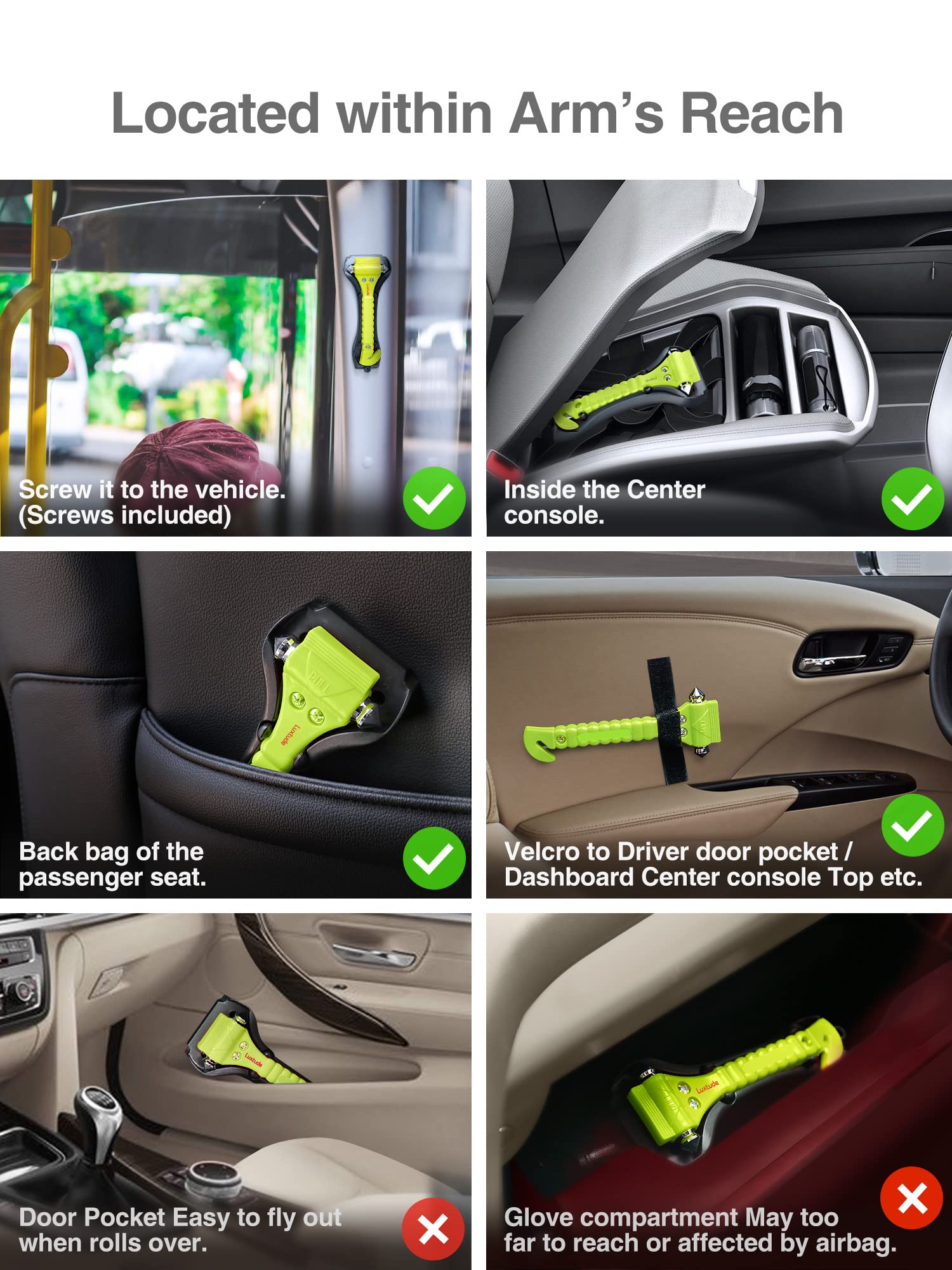 Luxtude 2-in-1 Emergency Car Escape Tool - Glass Breaker & Seatbelt Cutter - Auto Safety Hammer & Window Punch - Life Rescue Kit for Vehicles (Green, 2 Pack) - Perfect for Emergency Roadside Safety & Car Accidents
