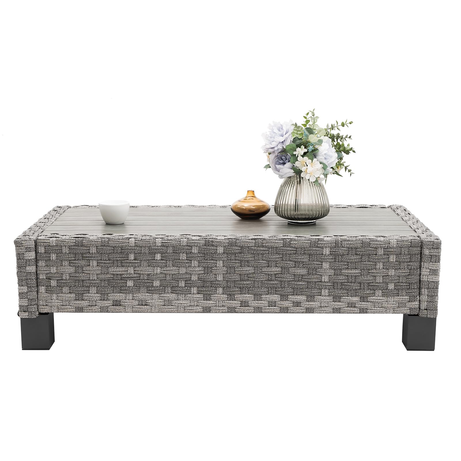 All-Weather Outdoor Coffee Table - Rectangle PE Rattan Patio Table with Wood-Like Tabletop, Grey - Perfect for Garden, Poolside & Backyard Relaxation
