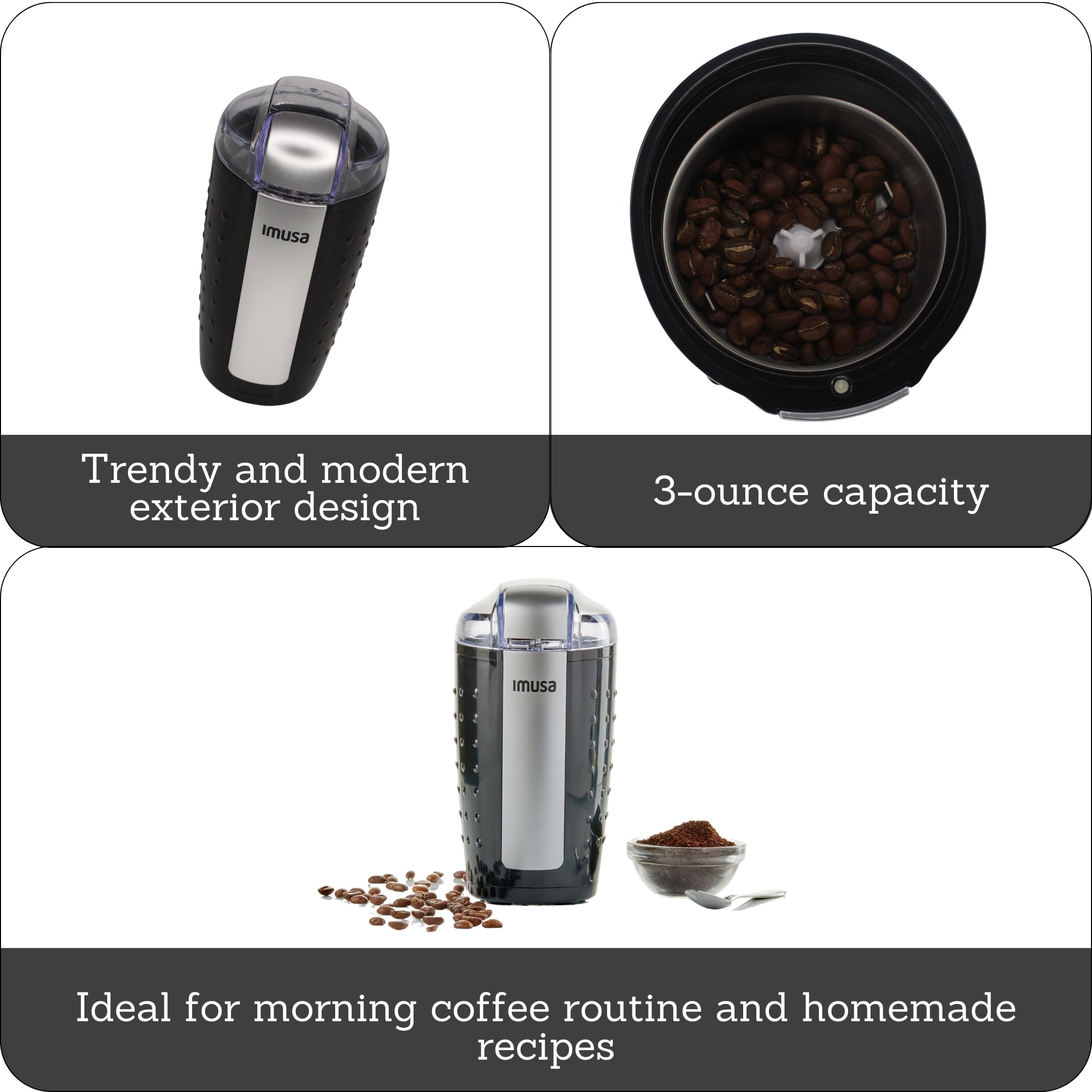 IMUSA 3oz Electric Coffee Grinder & Spice Grinder - Compact Black Blender for Fresh Ground Coffee, Herbs & Spices - Perfect for Home, Office & Travel Use
