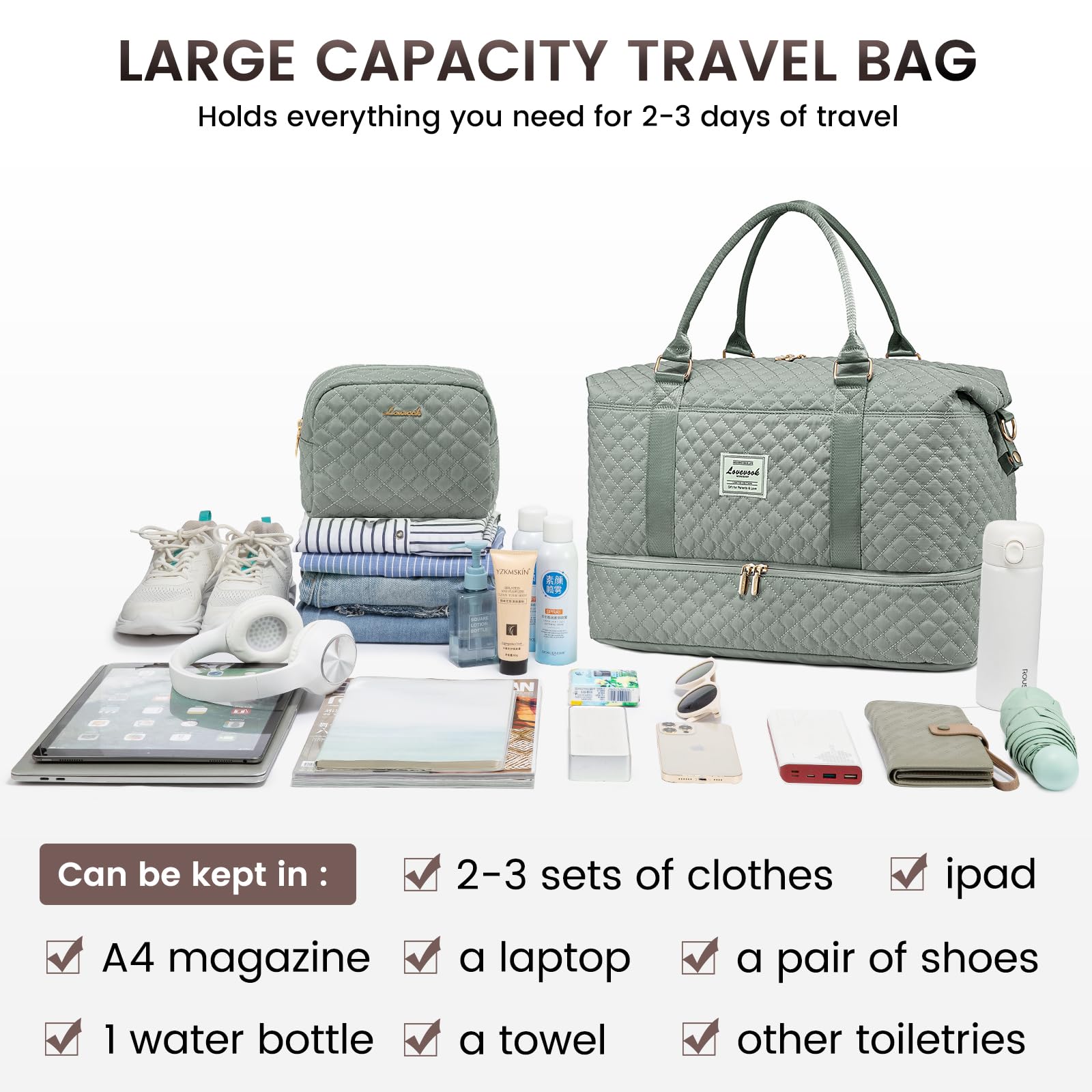**LOVEVOOK Travel Duffle Bag for Women - Waterproof Weekender Overnight Bag with Shoe Compartment & Wet Pocket, Gym Duffel, Hospital Bag for Labor - Perfect for Travel, Workout & Maternity**