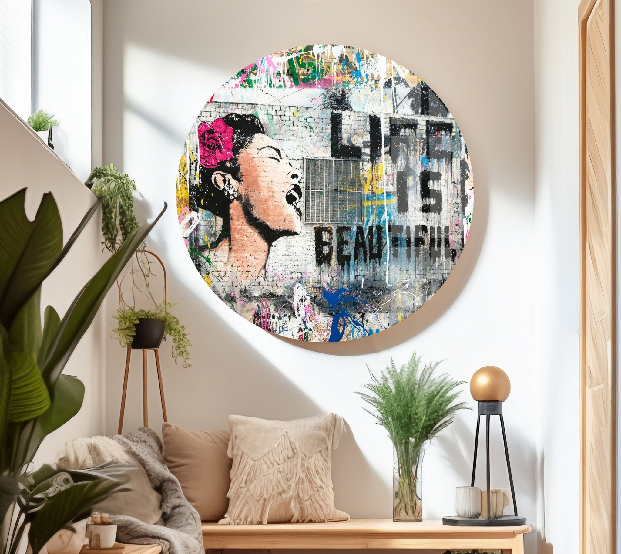 Banksy Life is Beautiful Glass Wall Art - Modern Home Decor for Living Room, Bedroom & Office - Unique Street Art Inspired Glass Print