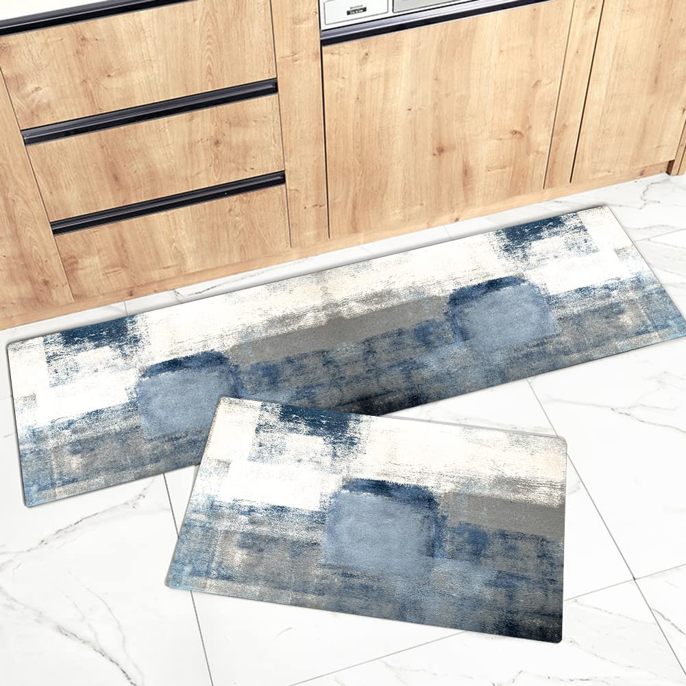 AILUER Anti-Fatigue Kitchen Rugs Set of 2 - Soft Cushioned White and Grey Abstract Modern Design Non-Slip Floor Mats for Kitchen, Laundry & Entryway - Perfect for Cooking, Cleaning and High-Traffic Areas