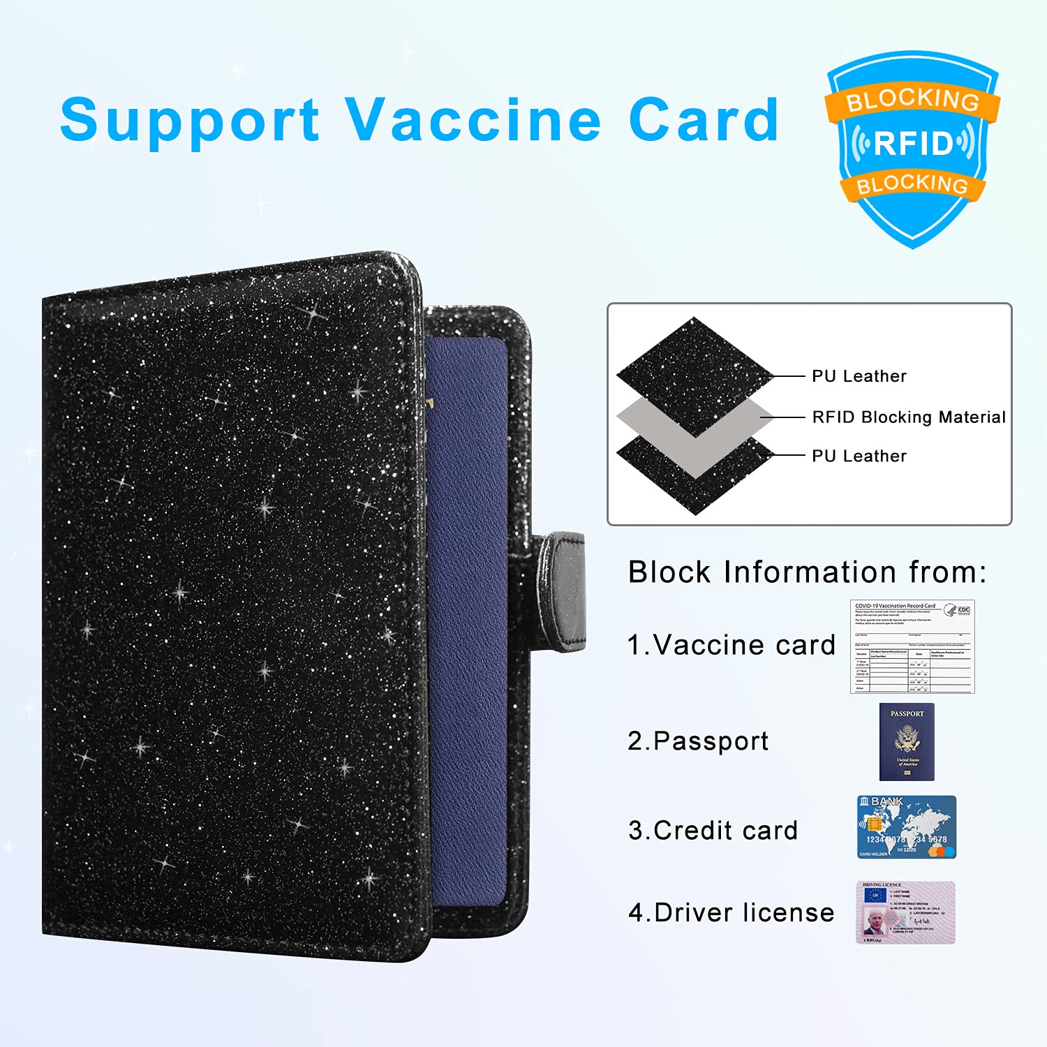 ACdream RFID Blocking Passport & Vaccine Card Holder - Glitter Black Faux Leather Travel Wallet for Men & Women | Secure ID Protection for Airports & International Trips