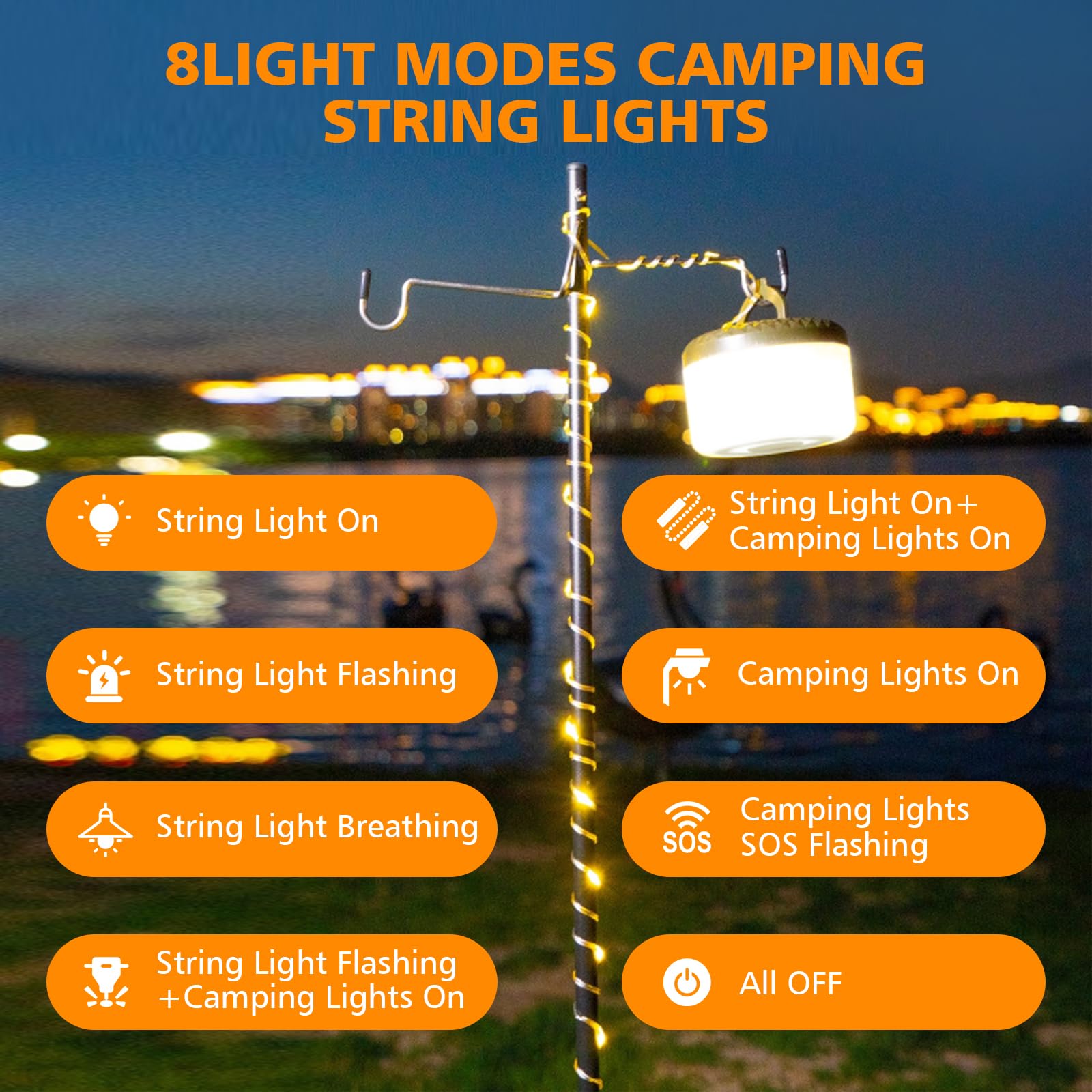2-in-1 Waterproof Camping String Lights - 32.8FT with 8 Modes for Outdoor, Party & Christmas Decor