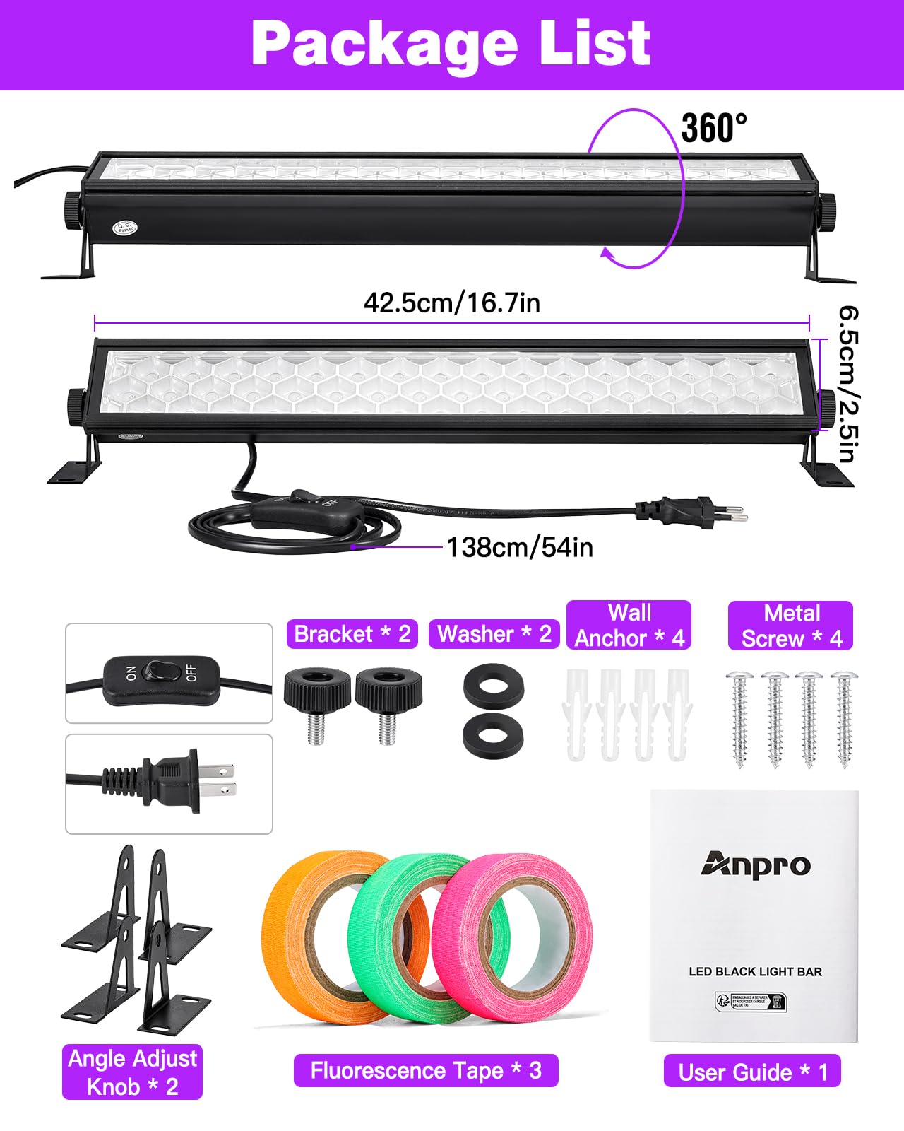 Anpro 72W UV Black Light Bar - 48 LED Blacklight with Fluorescent Tapes for Glow Parties, Halloween Decor & Body Paint | 360° Adjustable Design for Posters, Cabinets & Dark Room Lighting