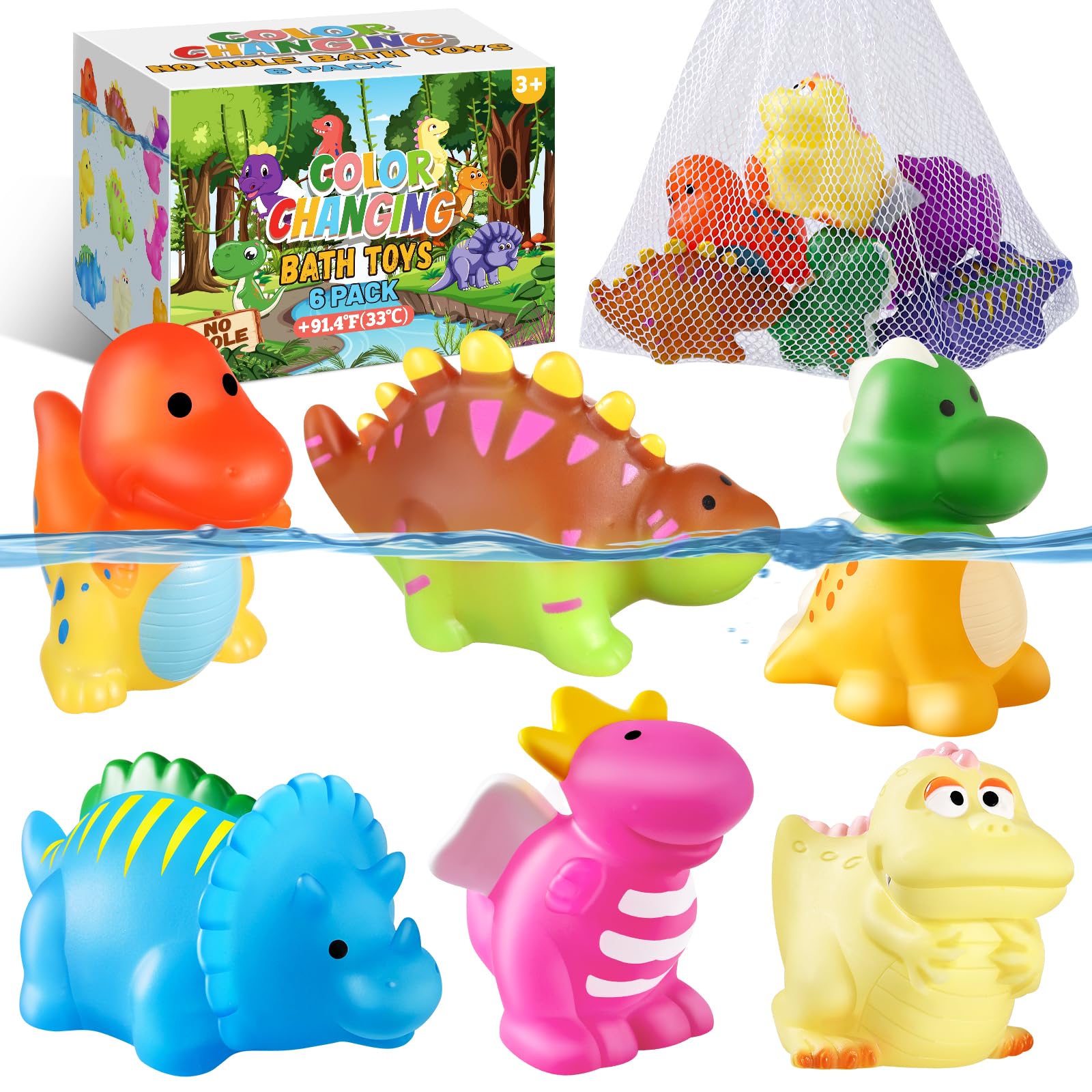 Color Changing Dinosaur Bath Toys for Babies & Toddlers - No Hole Baby Shower Toys with Drying Bag, Water Play Pool & Bathtub Fun - Perfect Easter Basket Stuffers & Egg Fillers - Great for Sensory Play, Bath Time Learning & Holiday Gift Giving