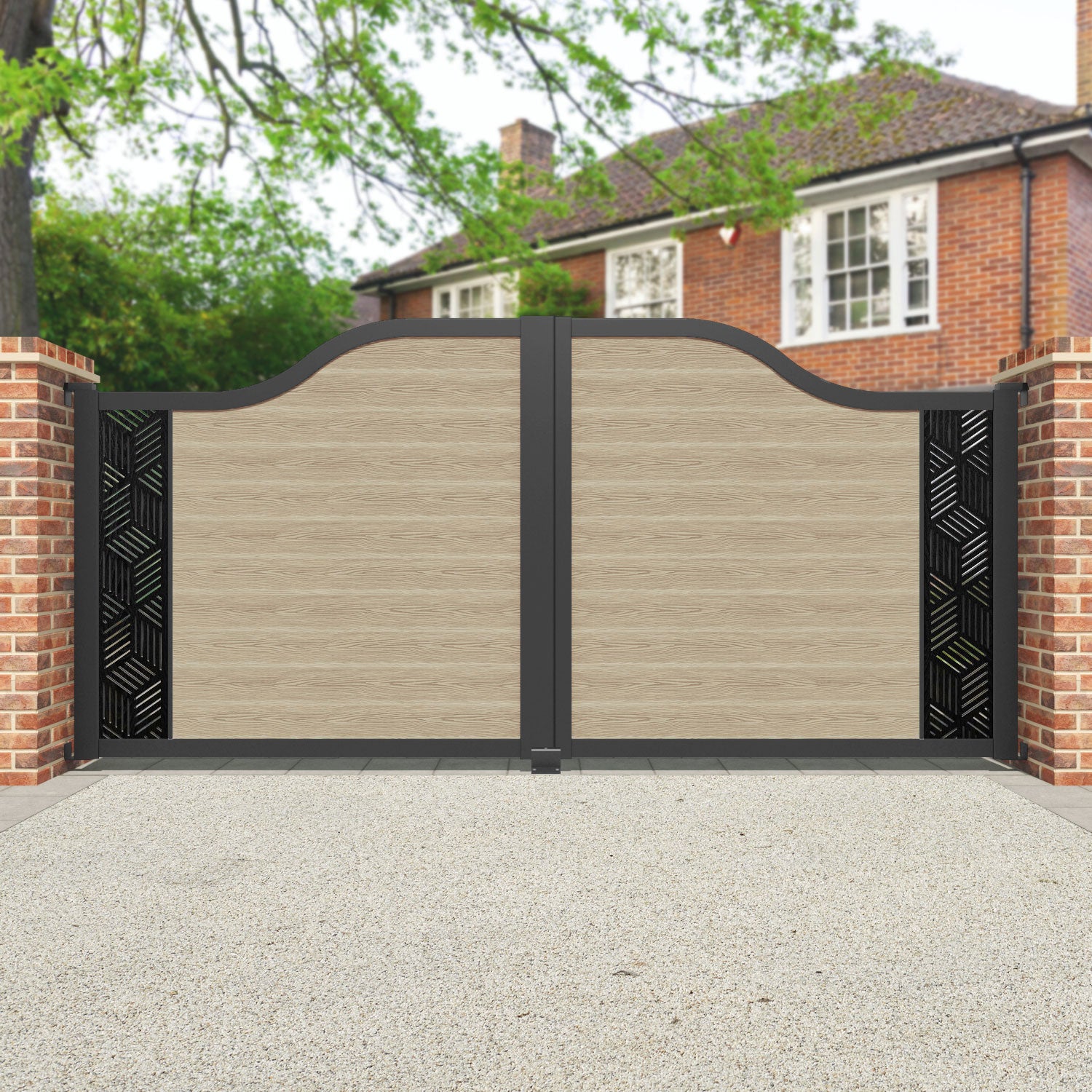 Classic Cubed Curved Top Driveway Gate - Light Oak Finish - End Screen Design - Perfect for Home Entryway Security & Curb Appeal Enhancement