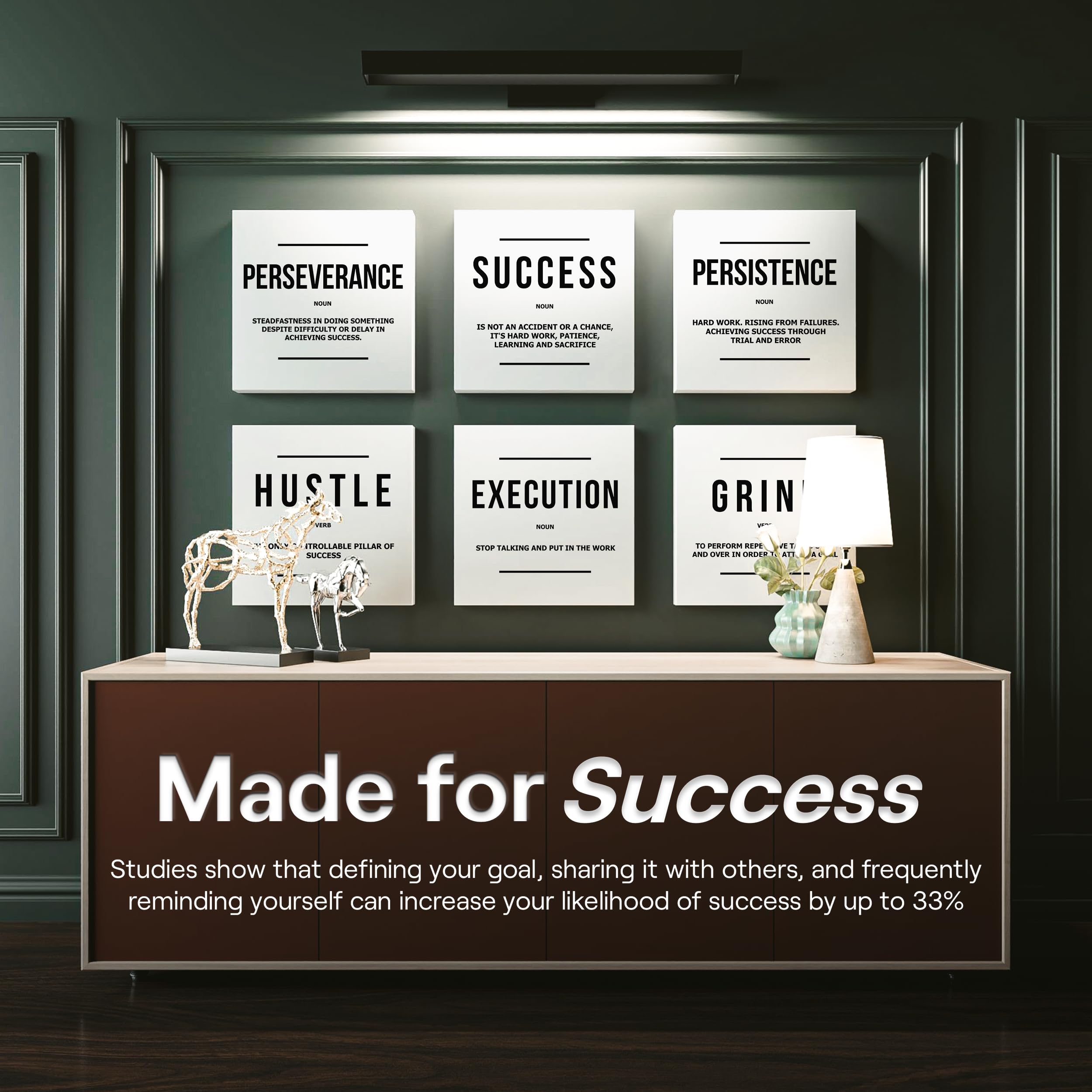 6-Piece Motivational Wall Art Canvas Prints - Grind Hustle Success Perseverance Quotes for Office & Home Decor (12