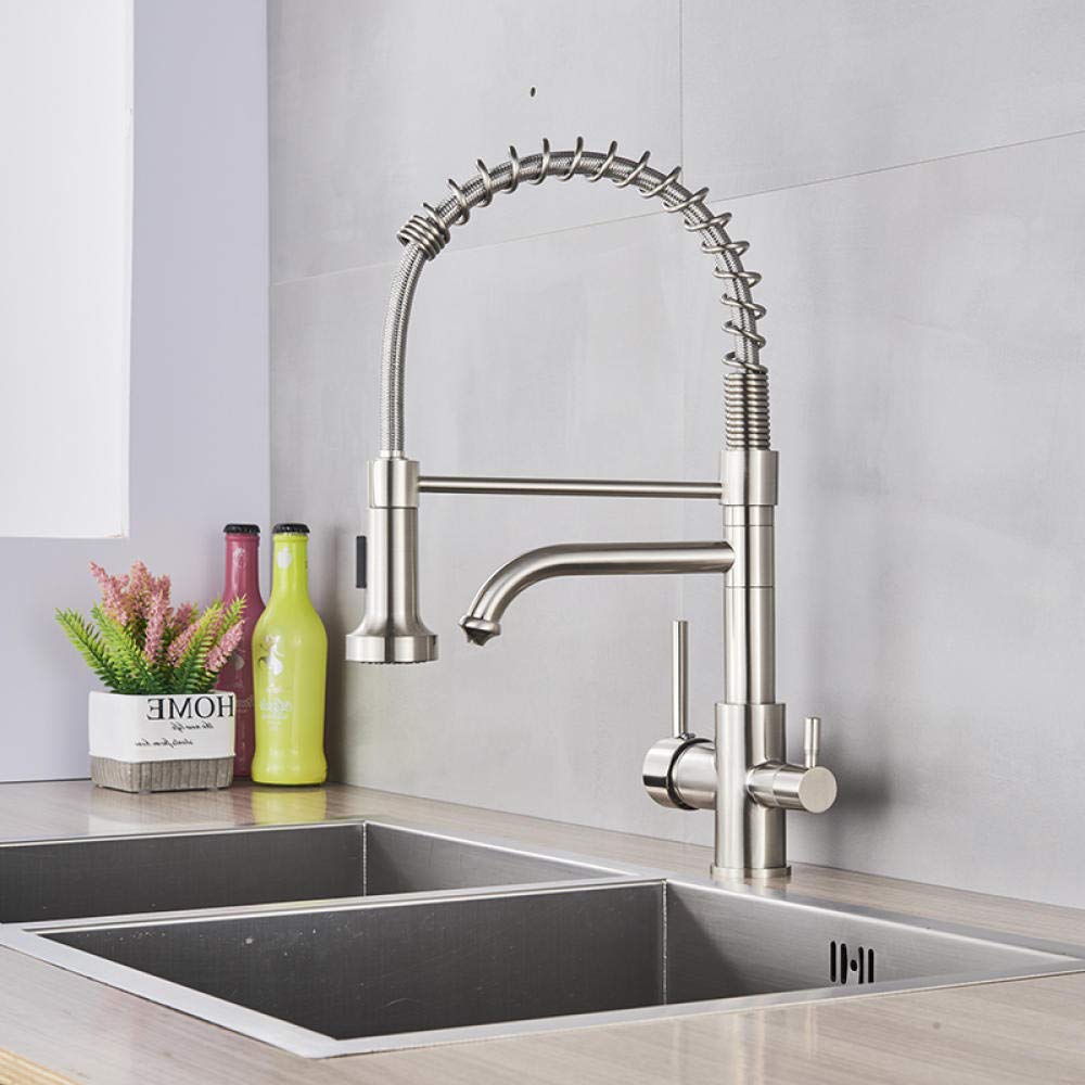 360° Rotating Brass Kitchen Faucet with Pull Down Sprayer - Double Handle Hot & Cold Water Mixer Tap for Sink - Perfect for Modern Kitchens, Bar Sinks, and RV Use