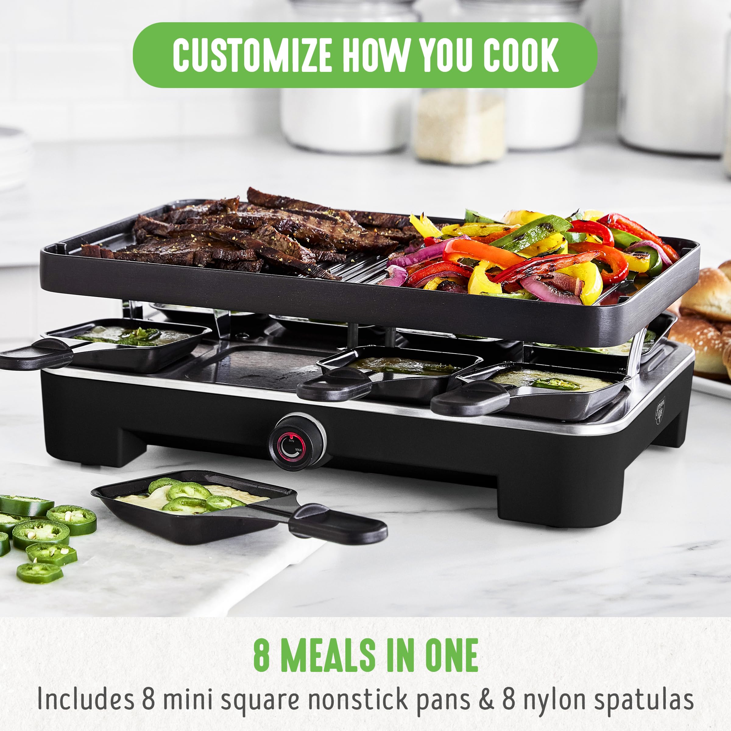 GreenLife Raclette Indoor Tabletop Grill - Healthy Ceramic Nonstick 2-in-1 Grill & Griddle with 8 Square Pans, Adjustable Temp Control & Indicator Light | PFAS-Free Black Electric Grill for Family Gatherings, Dinner Parties & Cozy Nights