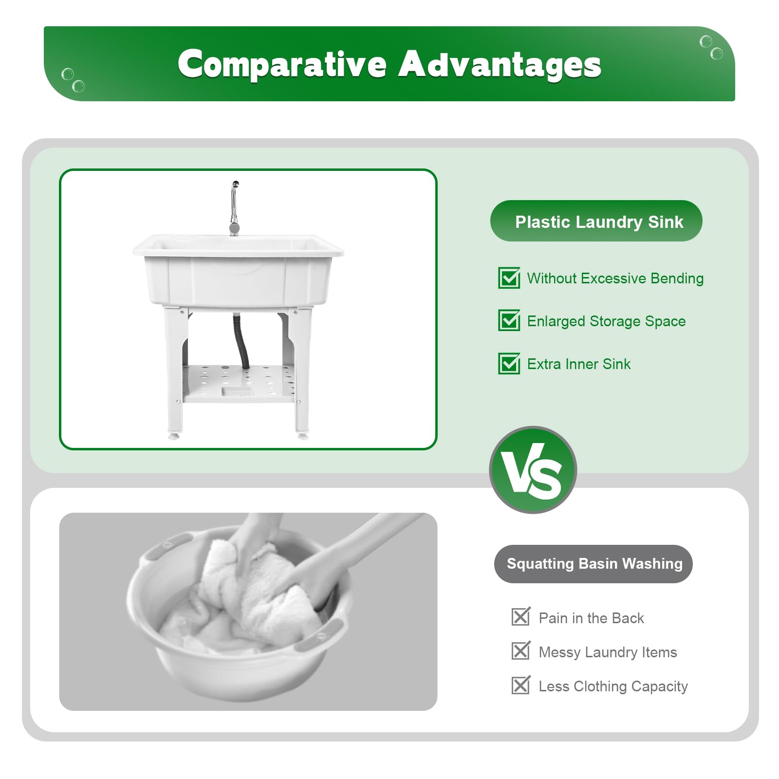 Freestanding Laundry Sink with Faucet & Storage - White Plastic Wash Basin for Indoor/Outdoor Use in Laundry Rooms & Garages