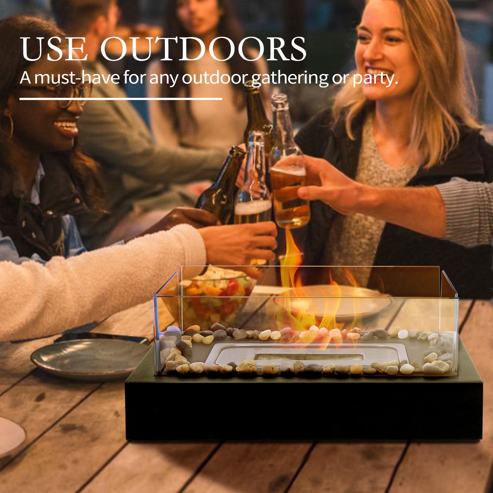 Portable Stainless Steel Tabletop Fire Pit - Safe Outdoor/Indoor Cobblestone Fireplace for Backyard, Patio & Camping - Perfect for Dinner Parties, S'mores Making & Ambiance (Black)