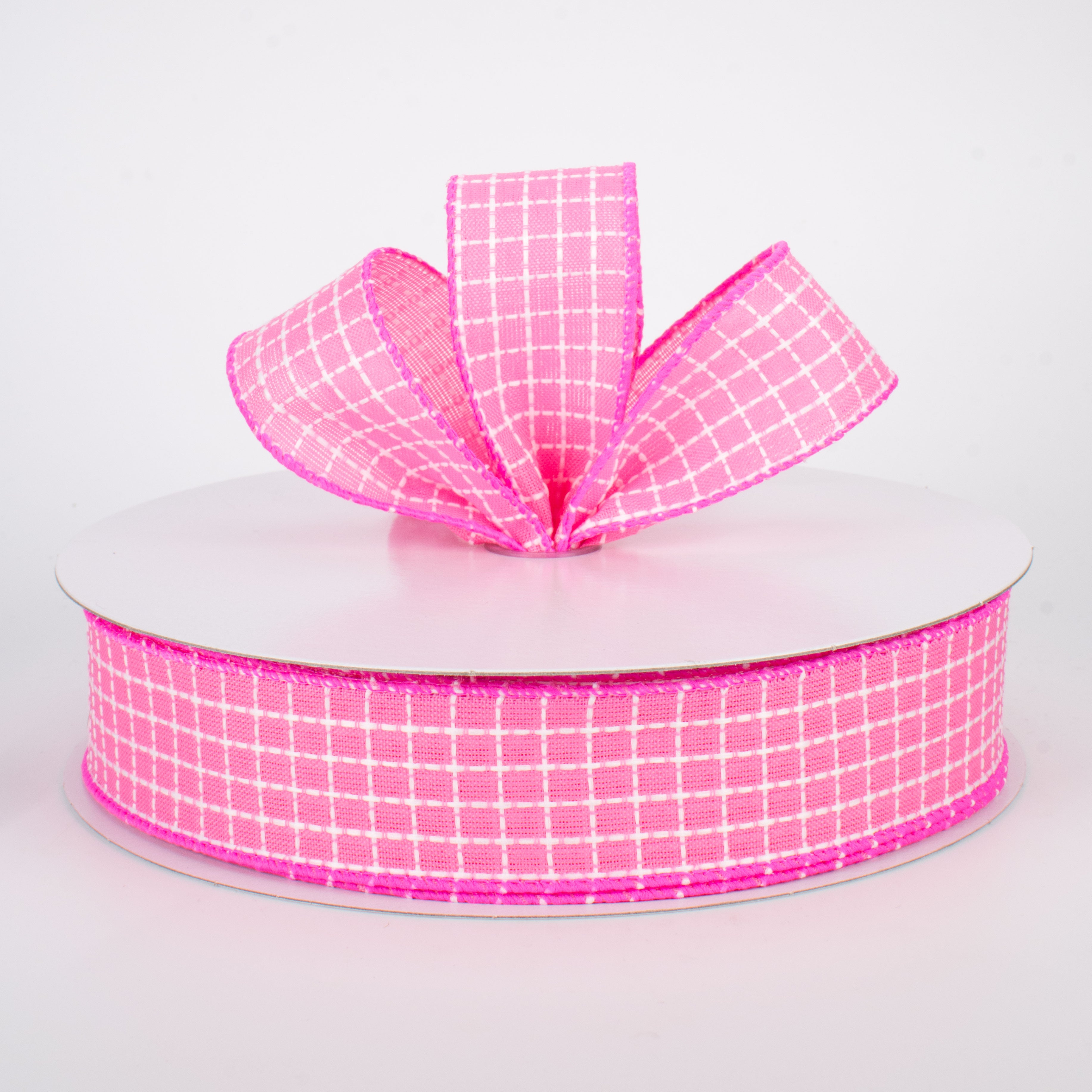 1.5 Inch Embroidered Stitched Squares Ribbon - Pink Craft Ribbon (50 Yards) for DIY Scrapbooking, Gift Wrapping & Hair Bows