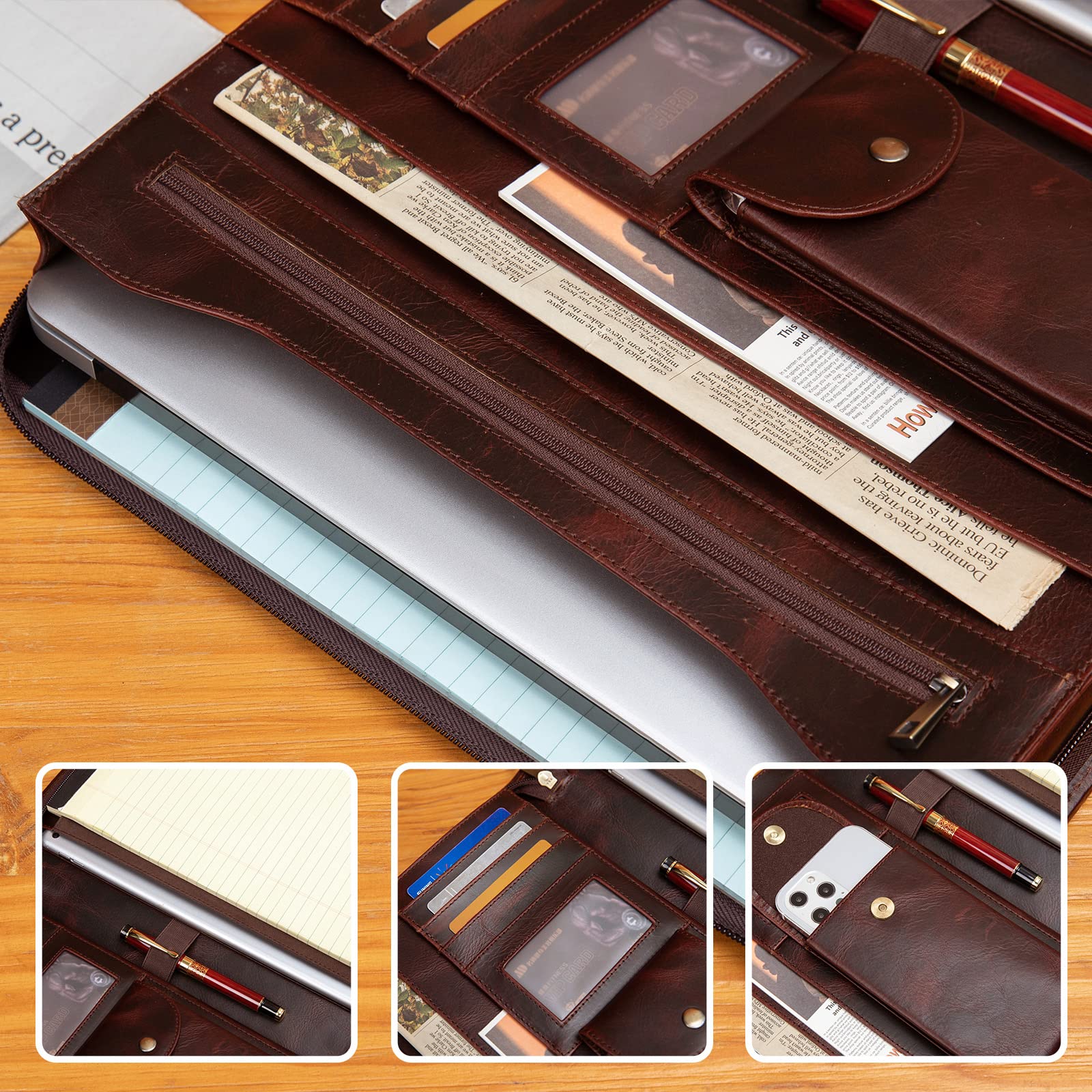 Handmade Crazy-Horse Leather Padfolio Portfolio Case - Premium Business Organizer with Zippered Closure for Tablet & Letter Size Notepad - Engravable Oil Wax Leather Gift for Women & Men - Perfect for Office, Meetings & Professional Use