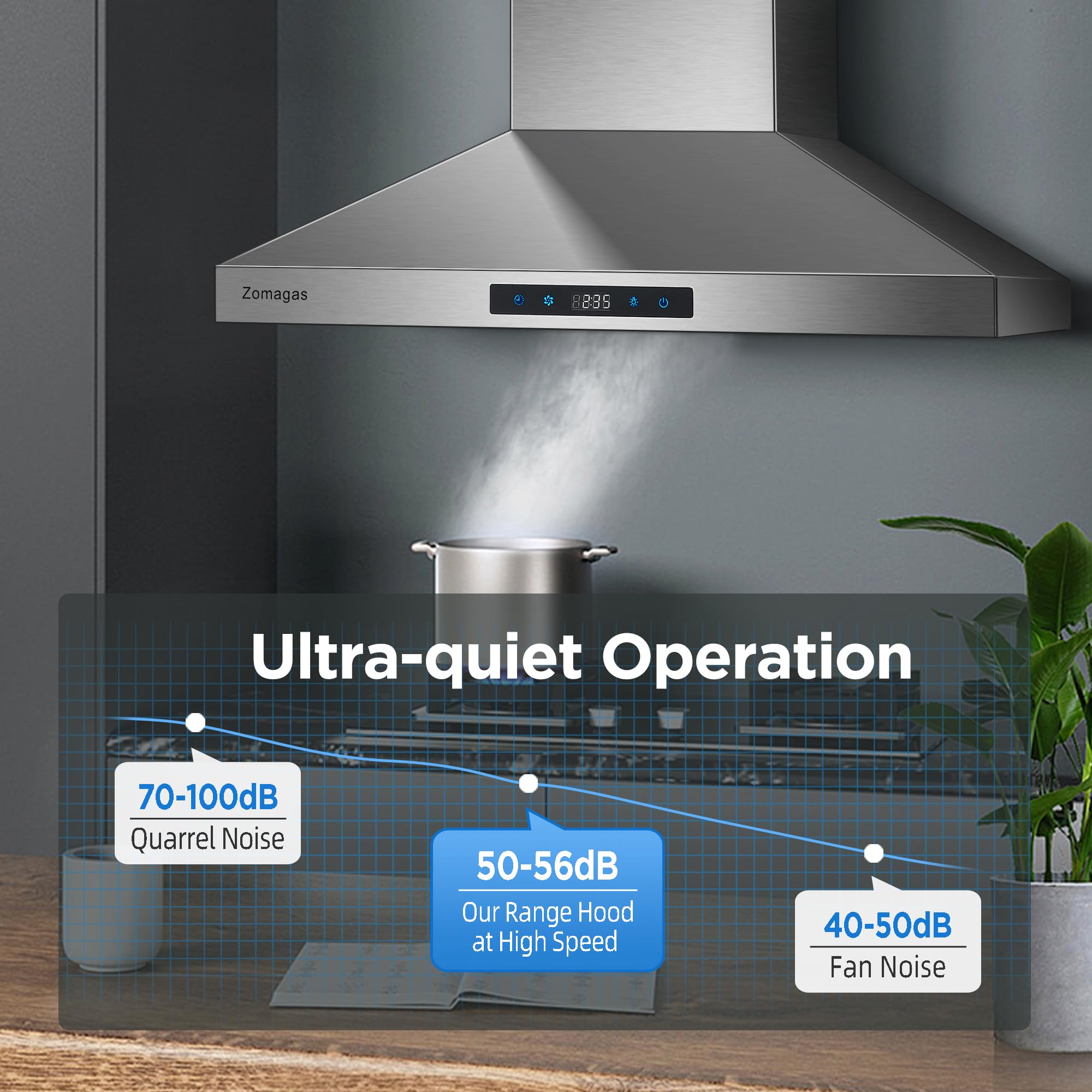 30 Inch Stainless Steel Range Hood - Wall Mount Kitchen Vent Hood with 3 Speed Settings, Touch Control & Energy-Saving LED Lights | Ducted/Ductless Convertible Design with 5-Layer Aluminum Filters | Perfect for Modern Kitchens, Restaurants & Open-Concept Homes