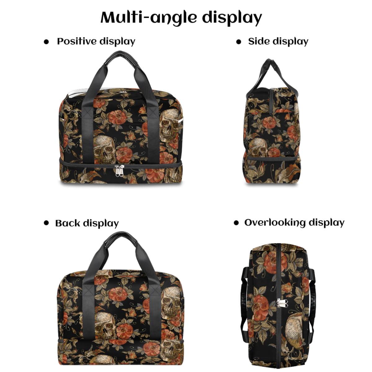 Skull Print Duffel Bag - Skeleton Flower Gym Tote with Wet Pocket & Shoe Compartment - Waterproof Travel Carry On Luggage for Men & Women - Perfect for Gym, Sports, Weekend Trips & Overnight Travel