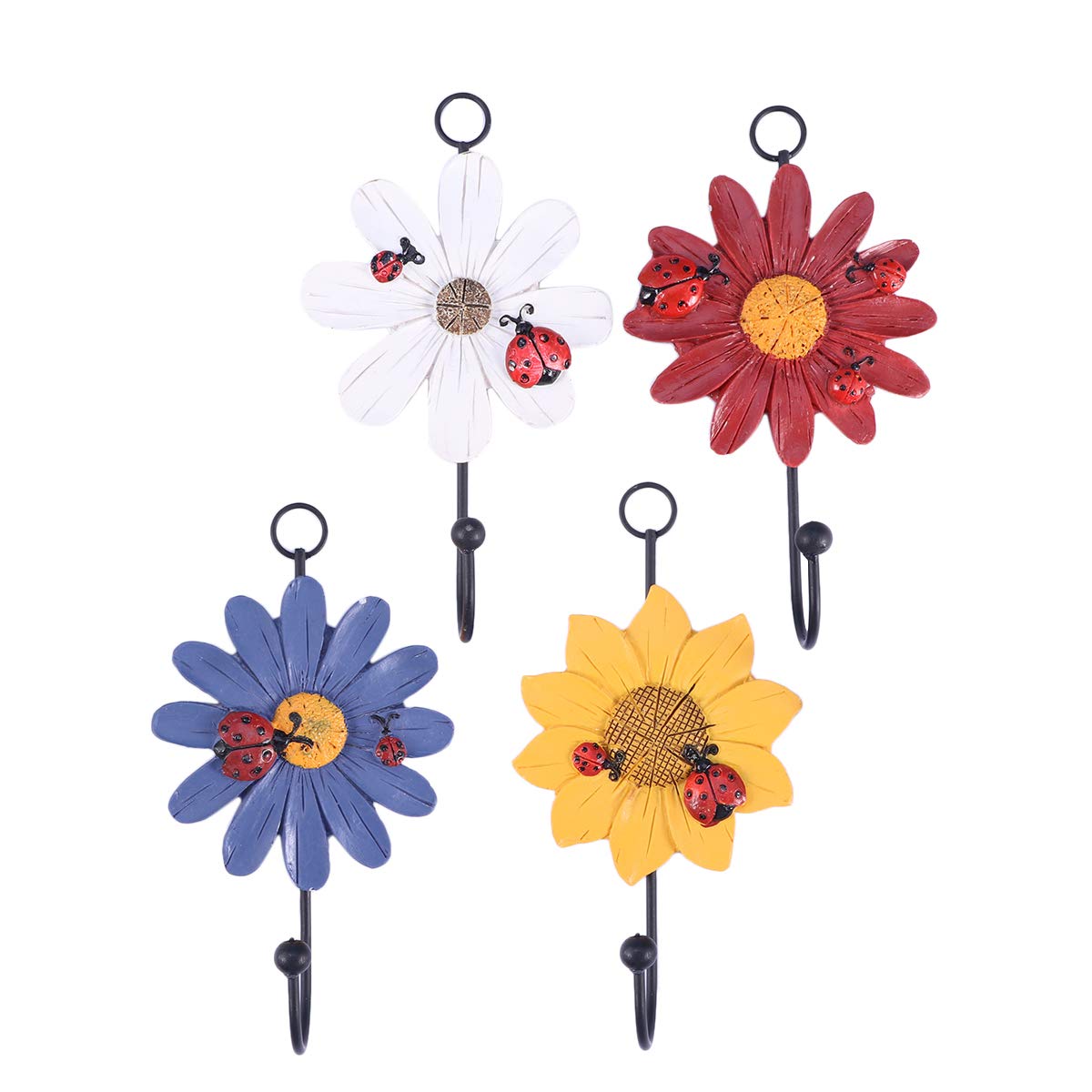 4-Pack Decorative Flower Resin Wrought Iron Wall Hooks - Red, Yellow, White & Purple - Coat Hooks for Garden, Entryway, Bedroom & Bathroom Organization - Rustic Home Decor Hanging Solution for Coats, Hats, Bags & Towels