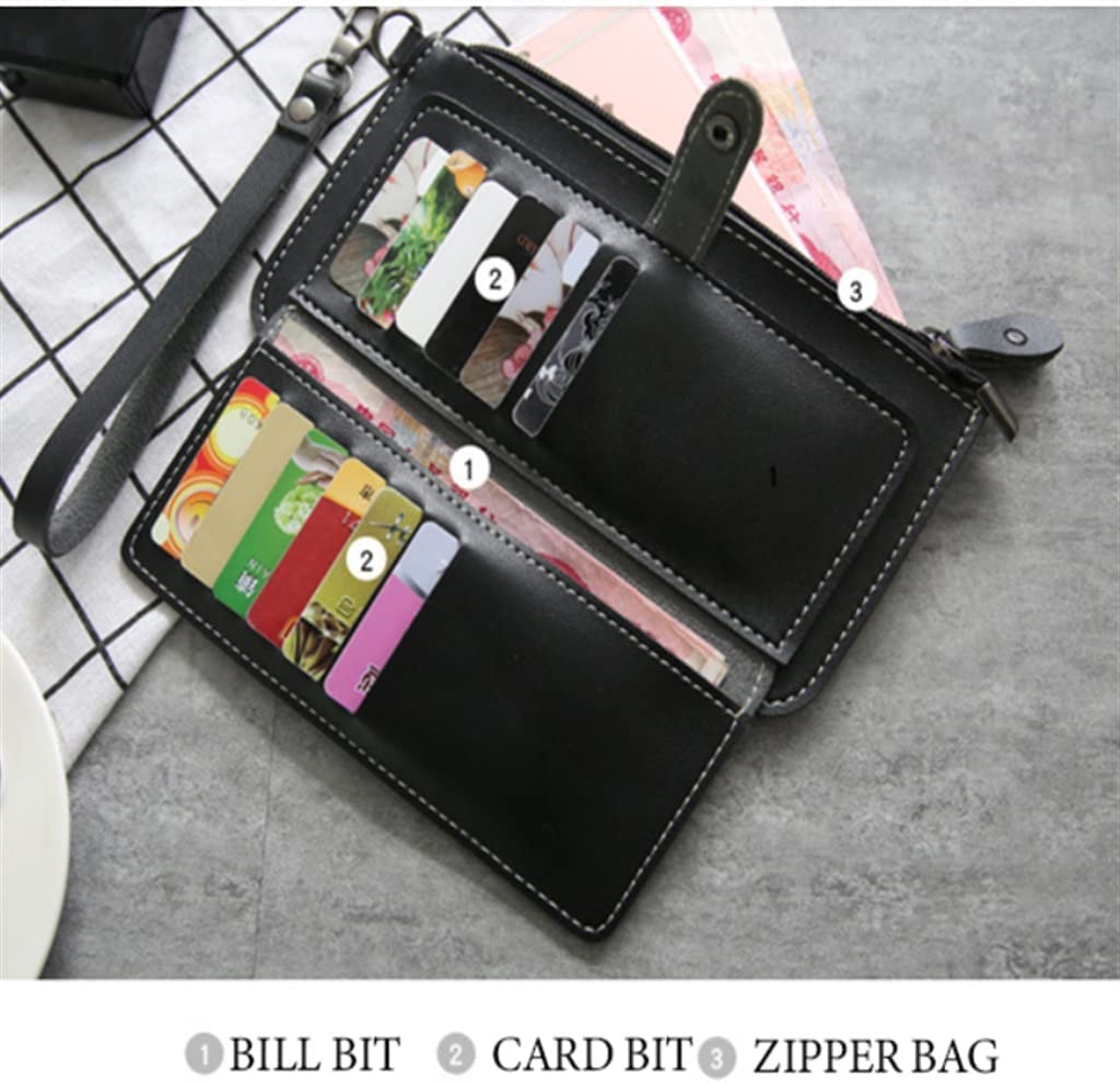 Stylish Women's PU Leather Long Wallet with Multiple Card Slots - RFID Blocking, Zipper Closure & Detachable Strap (Black) - Perfect for Everyday Use, Travel, and Business