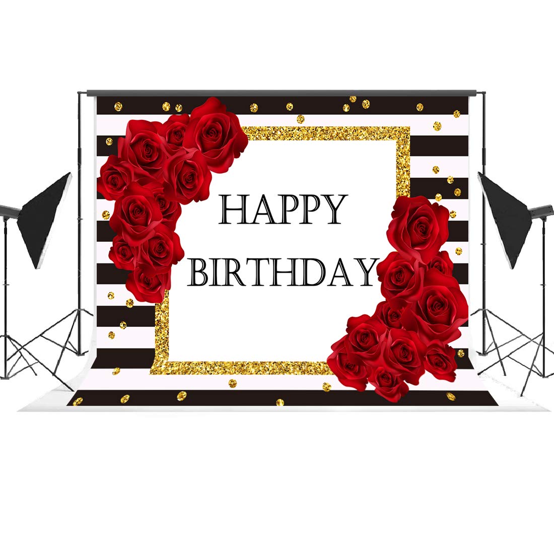 7x5ft Red Rose Birthday Photo Booth Backdrop - Black & White Striped Photography Background for Happy Birthday Party Decorations, Cake Table Banner - Perfect for Birthday Celebrations, Baby Showers & Anniversary Parties