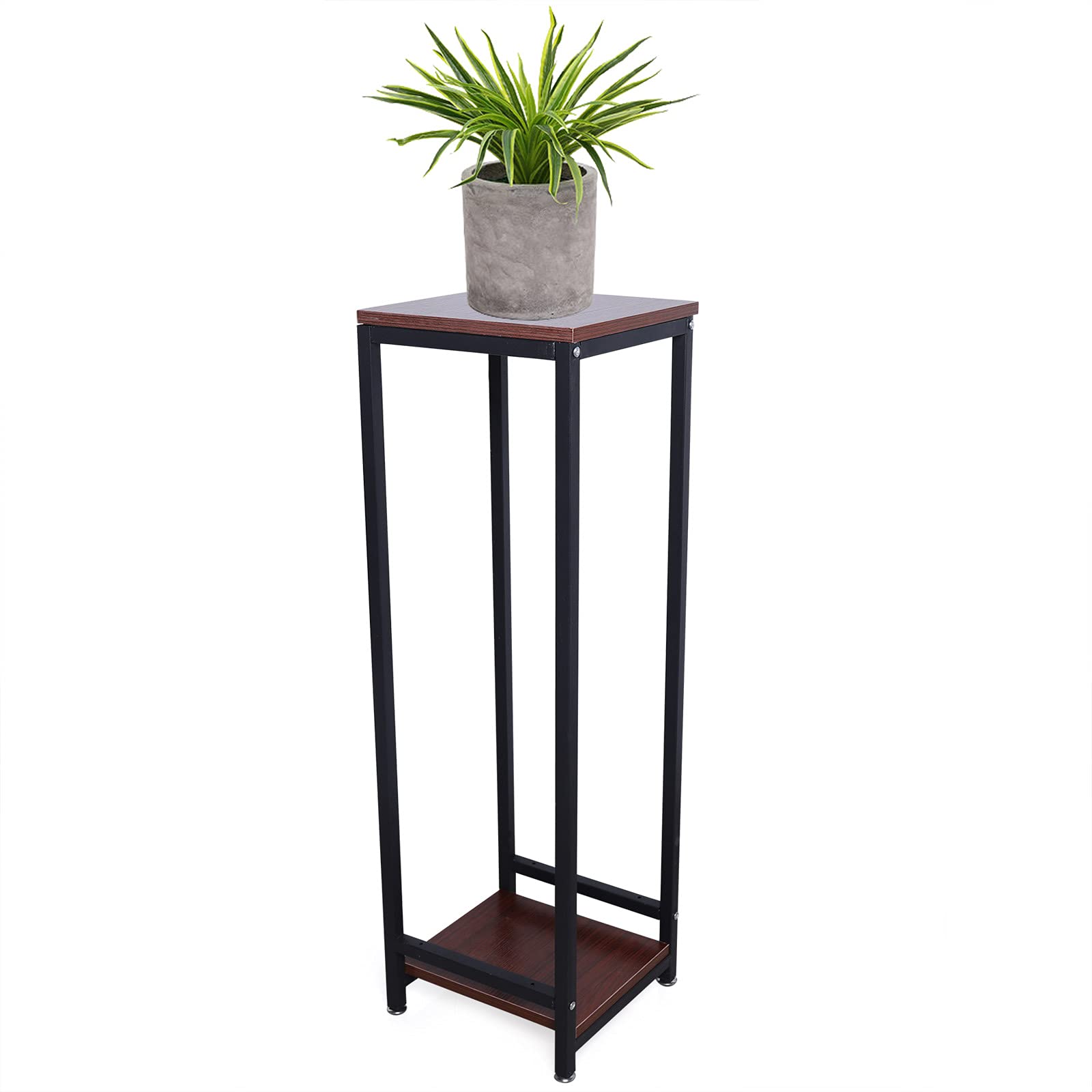 2-Tier Modern Plant Stand - Black Iron & Wood Square Plant Shelf for Indoor & Outdoor Use - Tall Display Rack for Living Room, Office, Porch, Garden - Perfect for Decorating with Potted Plants, Succulents & Home Accessories