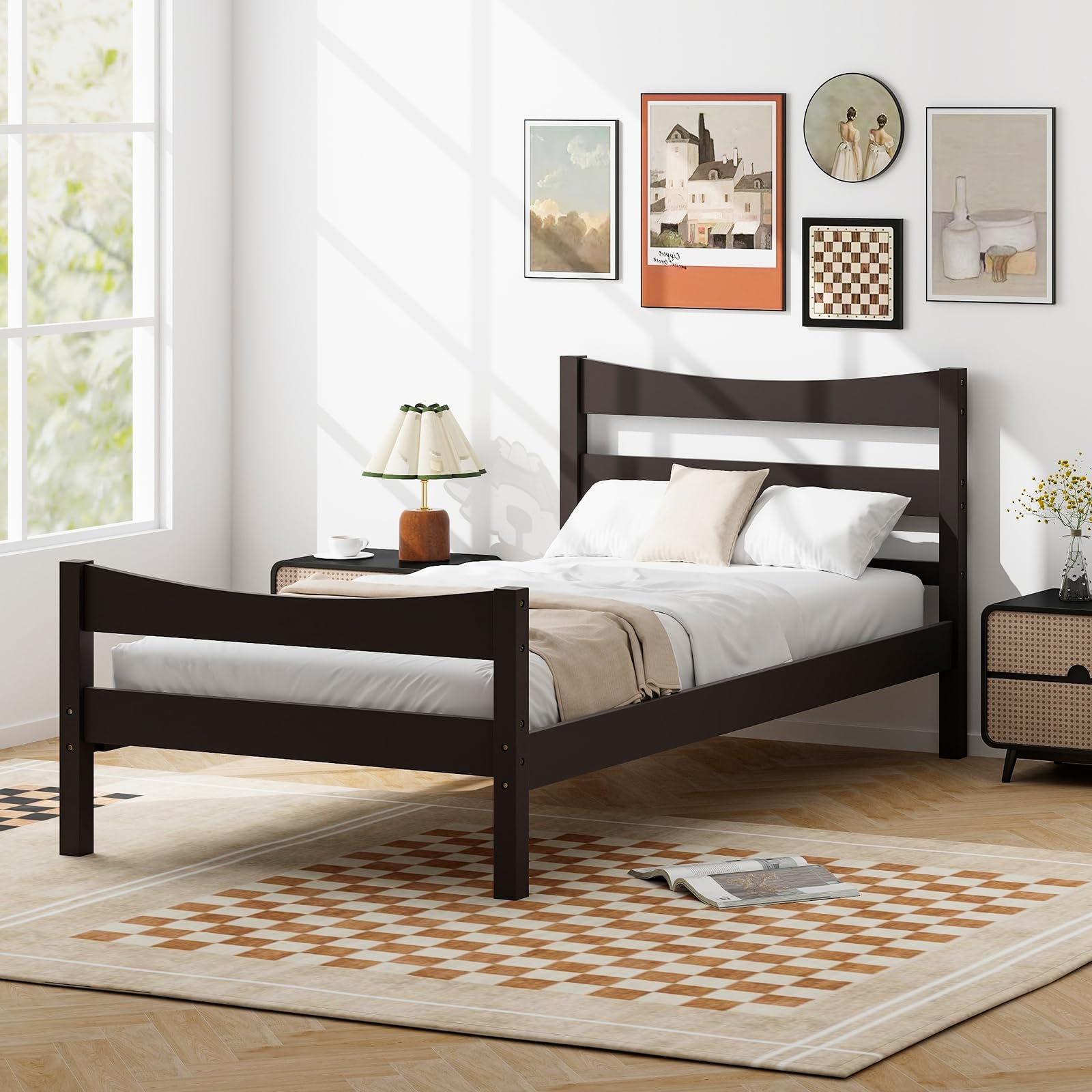 Giantex Solid Wood Twin Size Platform Bed Frame with Headboard & Footboard - Rustic Espresso Finish, No Box Spring Needed, Sturdy Wood Slat Support - Perfect for Kids' Bedroom, Guest Room & Small Spaces