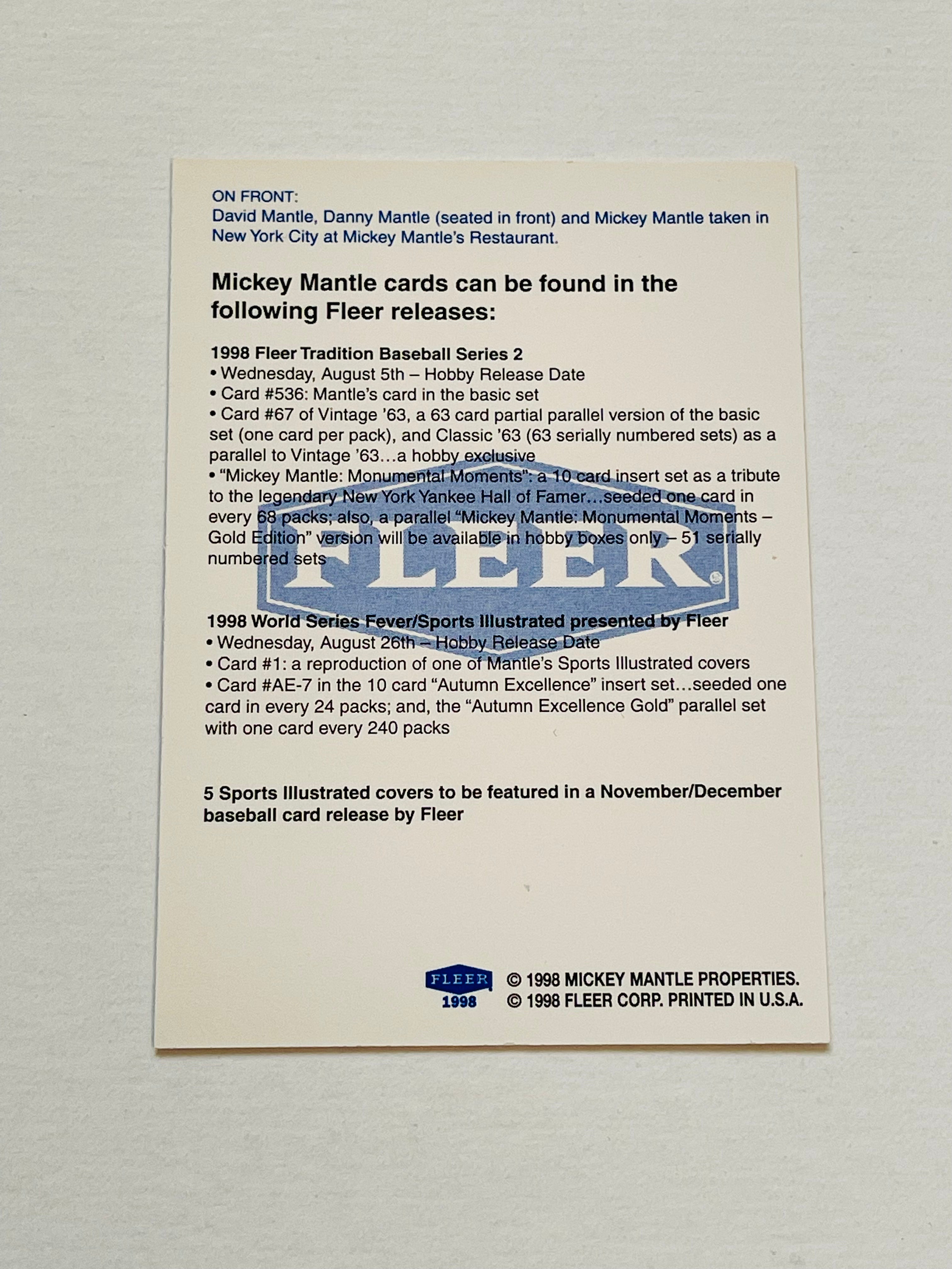 1998 Mickey Mantle Fleer Baseball Card Promo - Rare Collectible for Sports Memorabilia & Trading Card Enthusiasts - Perfect for Display, Investment, or Gifting