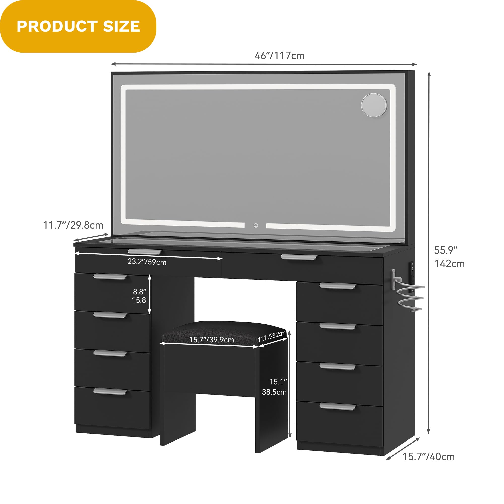 DWVO Vanity Desk Set with Large LED Lighted Mirror & Power Outlet - Glass Top Makeup Vanity with 10 Drawers, Magnifying Glass - 3 Color Modes, Adjustable Brightness - Includes Storage Bench | Perfect for Bedroom, Dressing Room & Beauty Salon Makeup Organization
