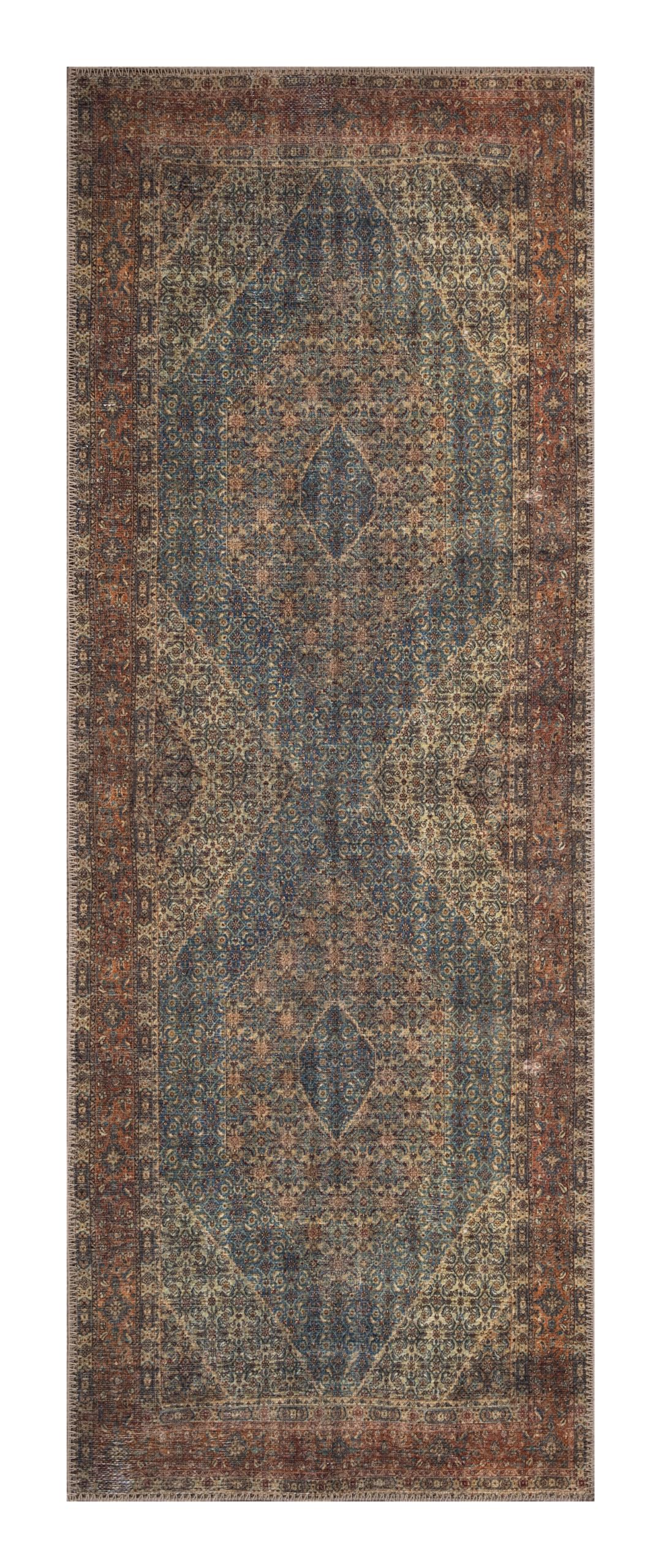 Keen Home Design 2x12 Washable Runner Rug - Non-Slip Vintage Low Pile Rug for Hallway, Entryway, Kitchen & Laundry Room - Durable Easy Clean Carpet (2'6