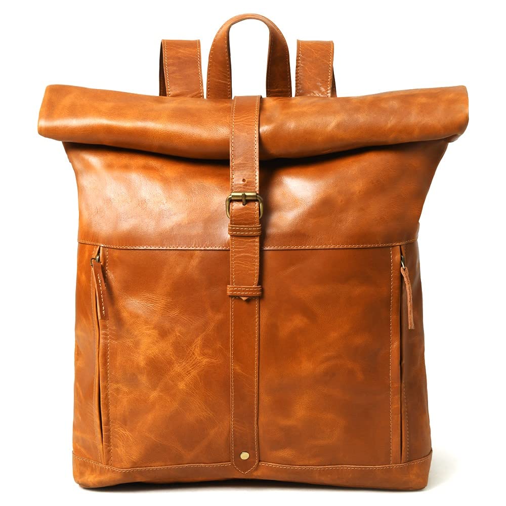 Vintage Buffalo Leather Roll Top Laptop Backpack 16 Inch - Genuine Full Grain Tan Leather Rucksack for Men & Women - Durable Travel Hiking Backpack for Work, School & Outdoor Adventures