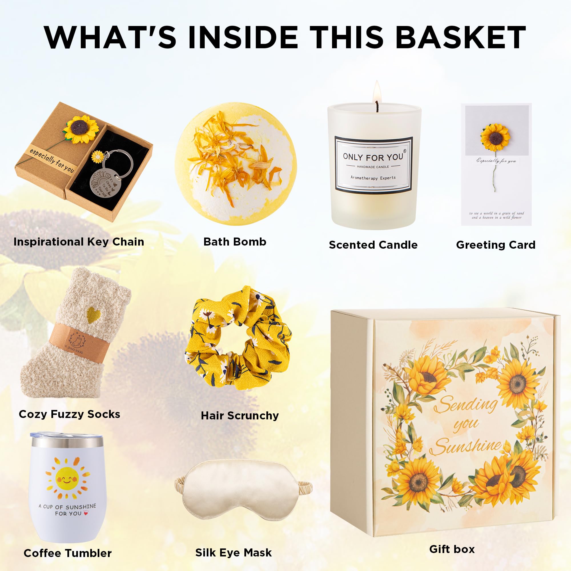 Sunflower Gifts for Women - Birthday, Get Well Soon & Self Care Gift Baskets with Relaxation Bath Set - Perfect Christmas Gifts for Mum, Wife, Best Friend, Sister & Daughter - Ideal for Spa Nights, Recovery Days & Special Occasions