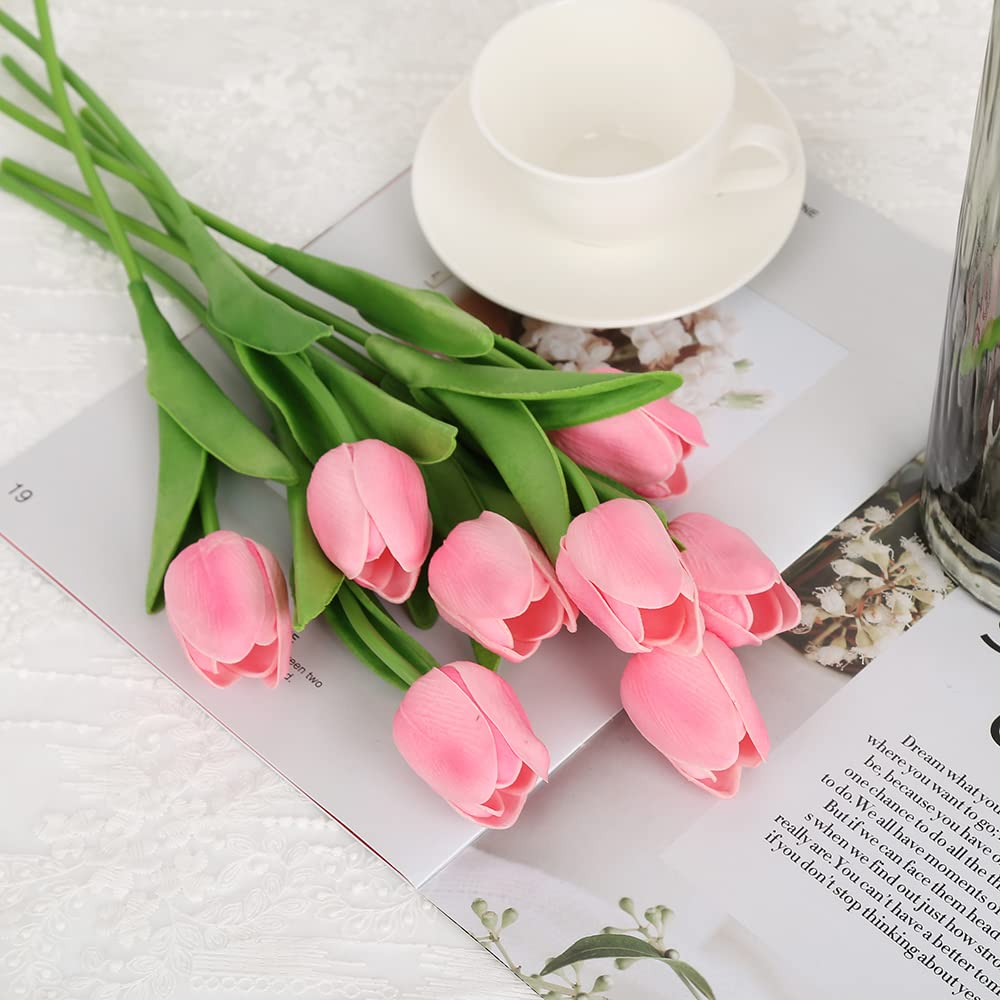 IPOPU 24PCS Real Touch Pink Tulips Artificial Flowers - Faux Silk Tulip Stems for Home Decor, Wedding Bouquets, Baby Showers, Bridal Centerpieces & Party Decorations (Pink) | Perfect for Spring Home Styling, Table Arrangements and Photo Backdrops