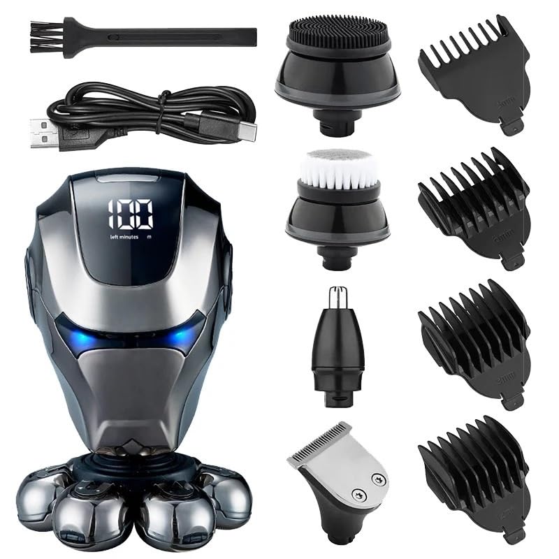 5-in-1 Electric Head Shaver for Men - 7 Blade Floating Razor with USB Rechargeable, Multi-Function Beard Trimmer & Bald Head Shaving Kit - Perfect for Travel, Home Use & Grooming Gifts