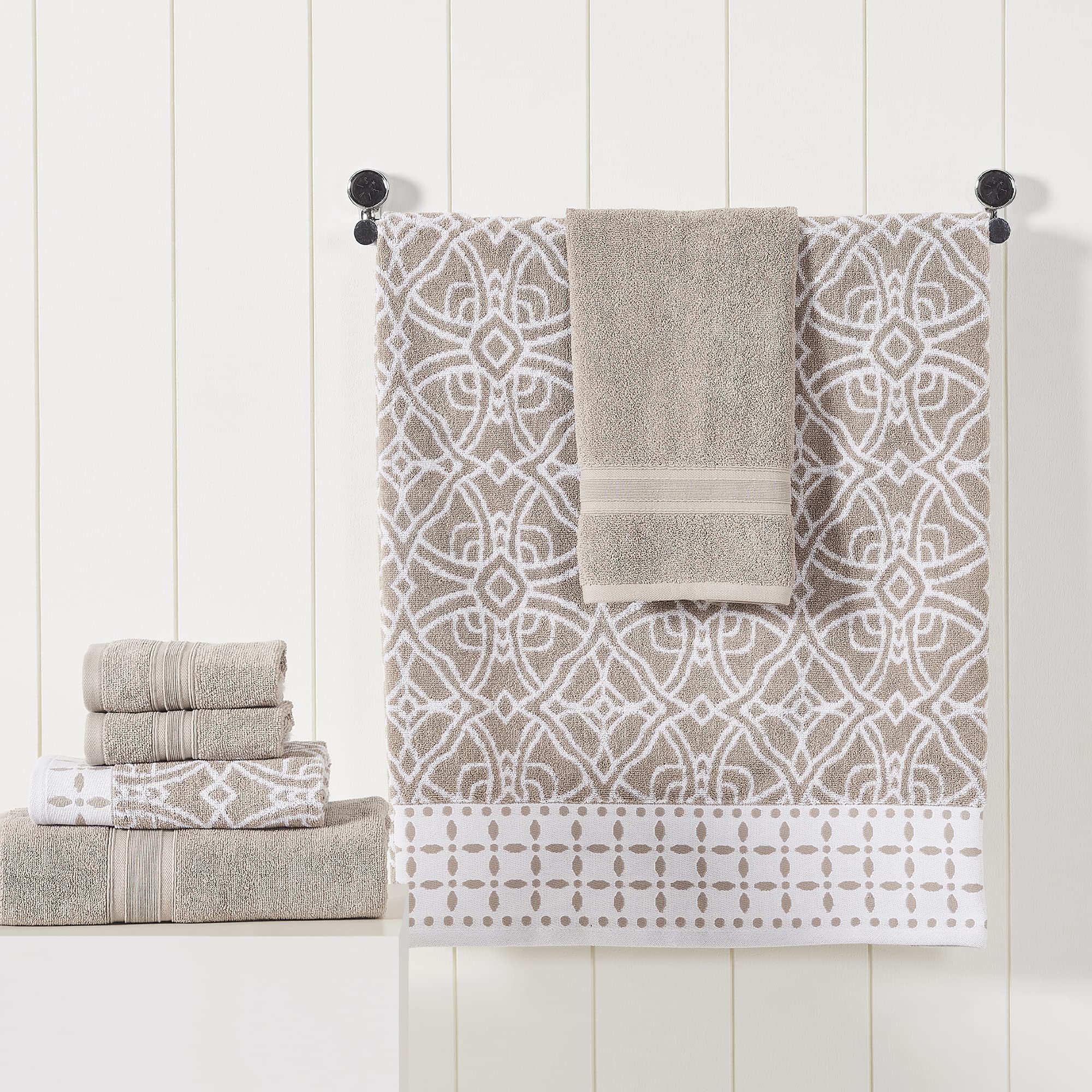 Premium 6-Piece Bath Towel Set - 2 Bath Towels, 2 Hand Towels, 2 Washcloths | Yarn-Dyed Jacquard & Solid Design in Monroe Fawn | Soft & Absorbent for Spa, Bathroom, and Guest Use
