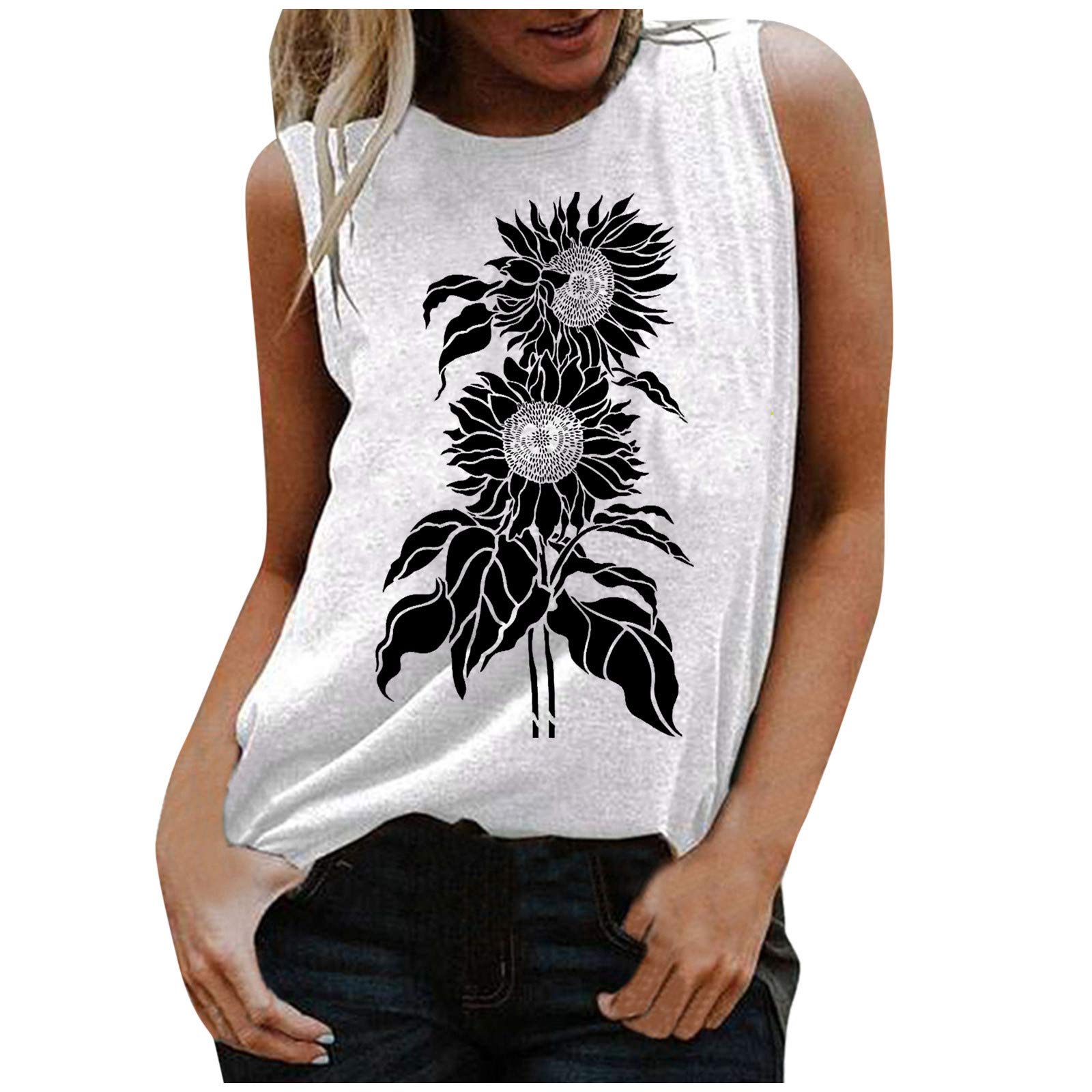 Women's White Cotton Tank Top - Sleeveless Casual Sunflower Printed Daisy Blouse with O-Neck | Perfect for Summer Outfits, Beach Wear & Casual Fashion
