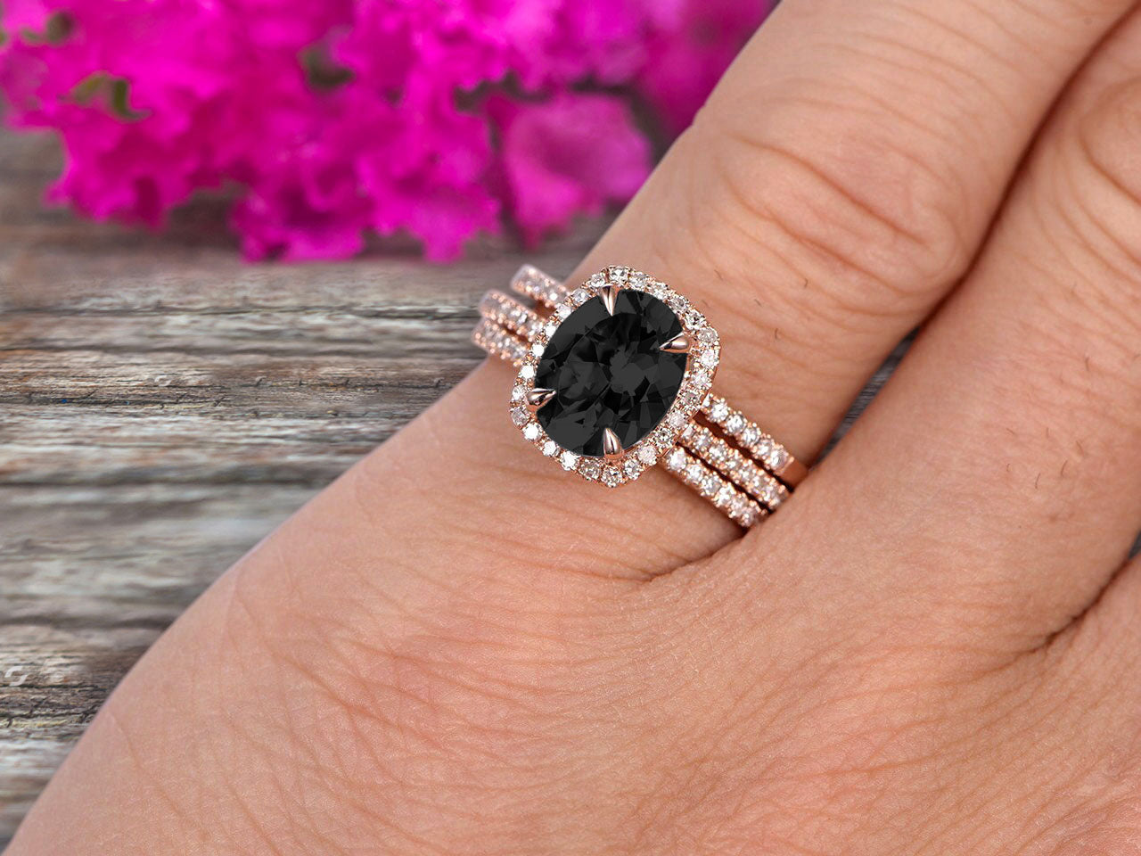 2 Carat Oval Cut Black Diamond Moissanite Engagement Ring 10k Rose Gold With Matching Wedding Band - Perfect for Proposals, Anniversaries & Romantic Gifts