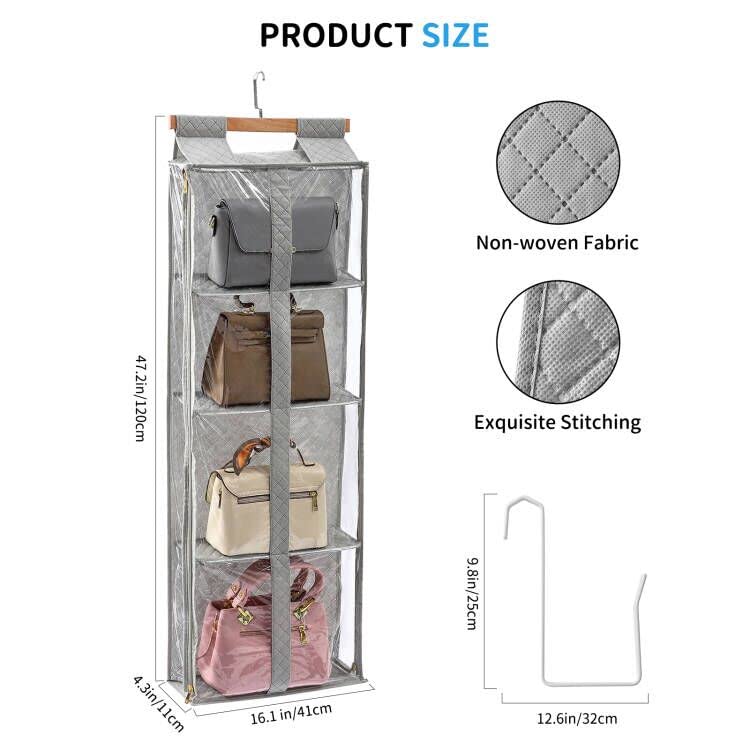 Hanging Purse Organizer with Zippers - 4 Grids Fully Enclosed Handbag Storage for Closet & Over the Door - Perfect for Purse, Bag & Accessory Organization in Bedroom, Walk-in Closet or Dorm Room