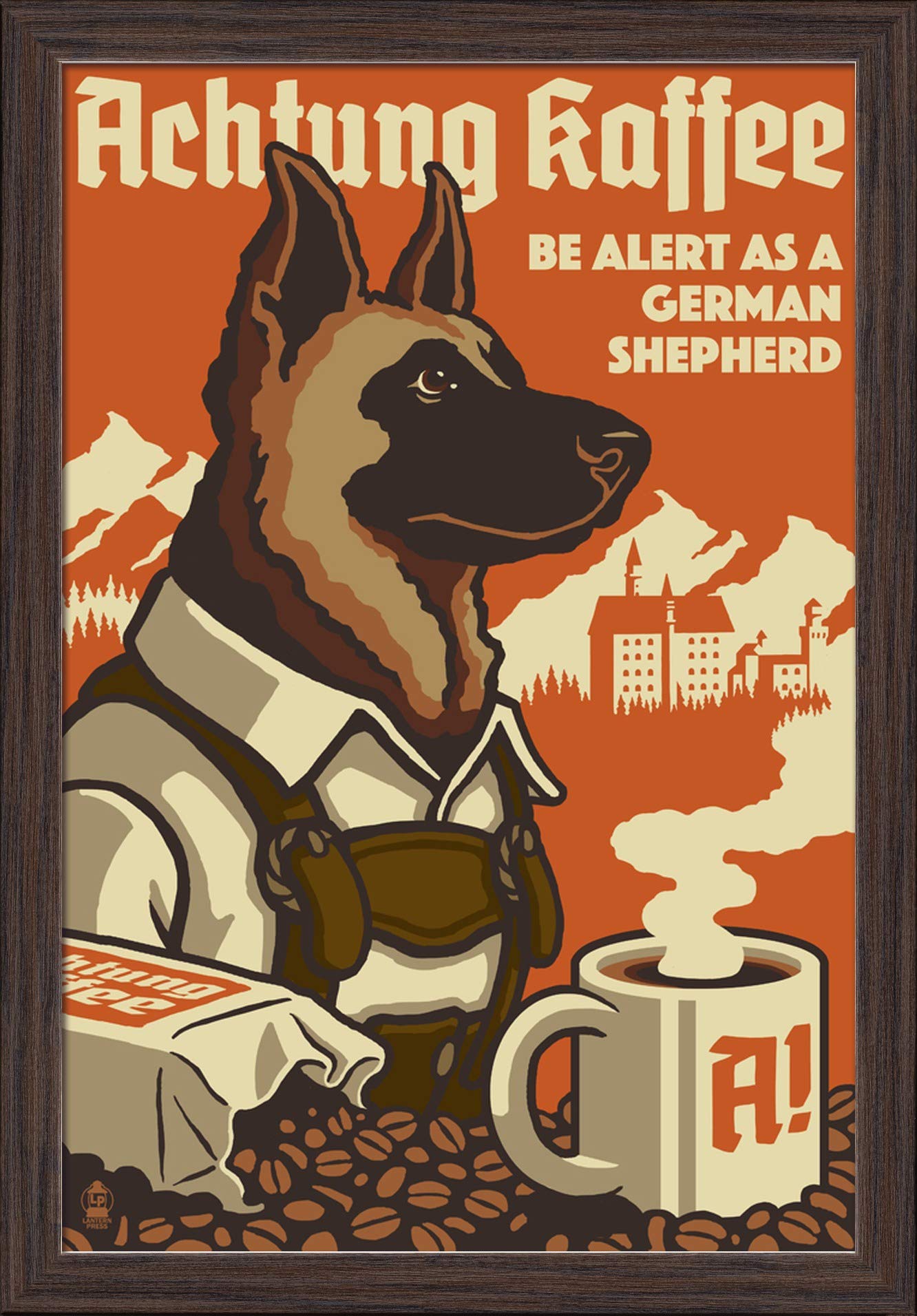 Vintage German Shepherd Coffee Ad - 16x24 Giclee Fine Art Print with Recycled Wood Frame in Espresso Brown - Perfect for Home Office Decor & Coffee Shop Wall Art