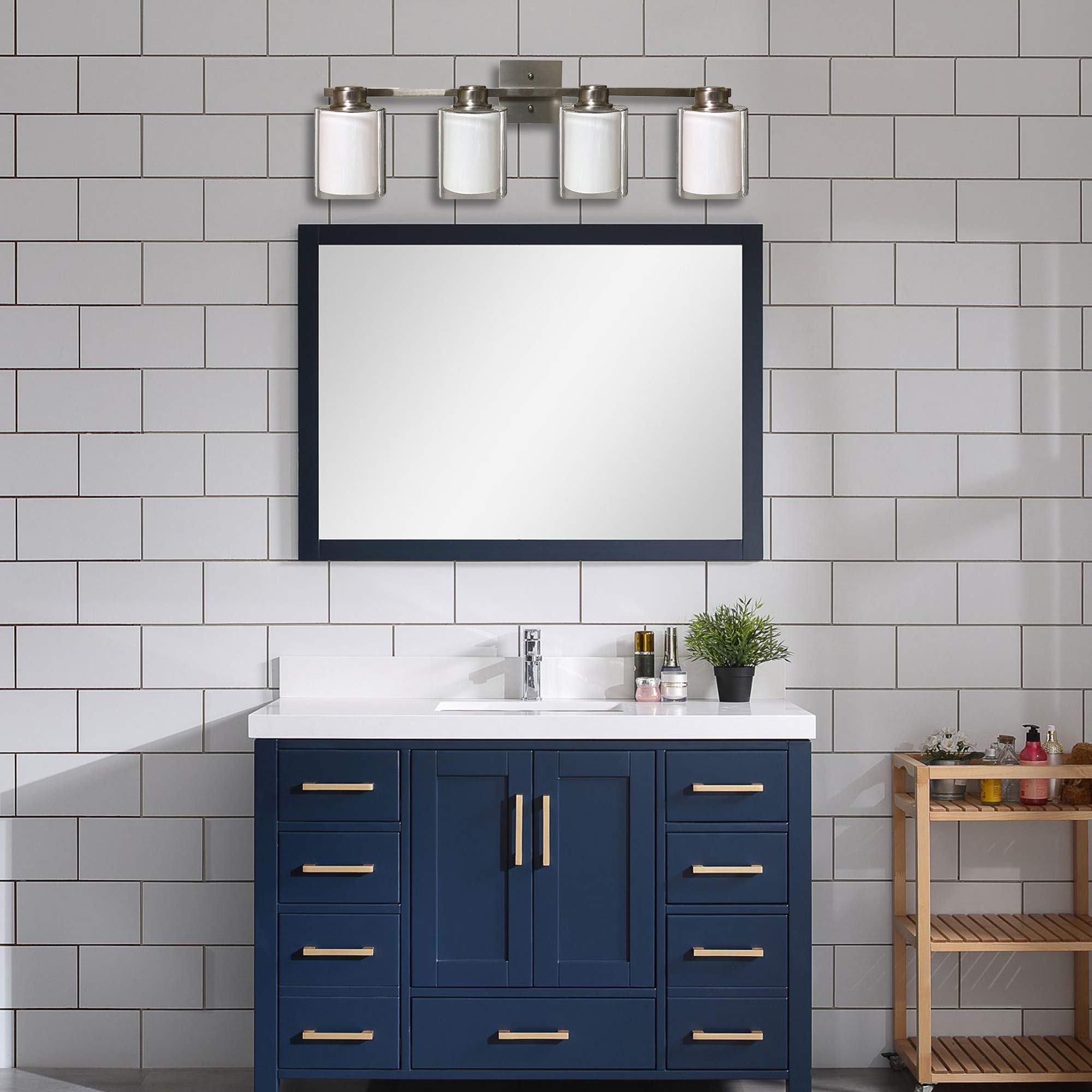 AA Warehousing 4-Light Brushed Nickel Vanity Light with Frosted White Glass Shade - Perfect for Bathroom, Bedroom, and Dressing Room Lighting (300350)