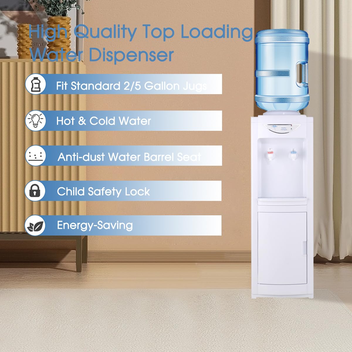5 Gallon Water Cooler Dispenser with Hot & Cold Water - Top-Loading, Child-Safe Design with Removable Drip Tray & Storage Cabinet - Perfect for Home, Office, Schools & Events (White)