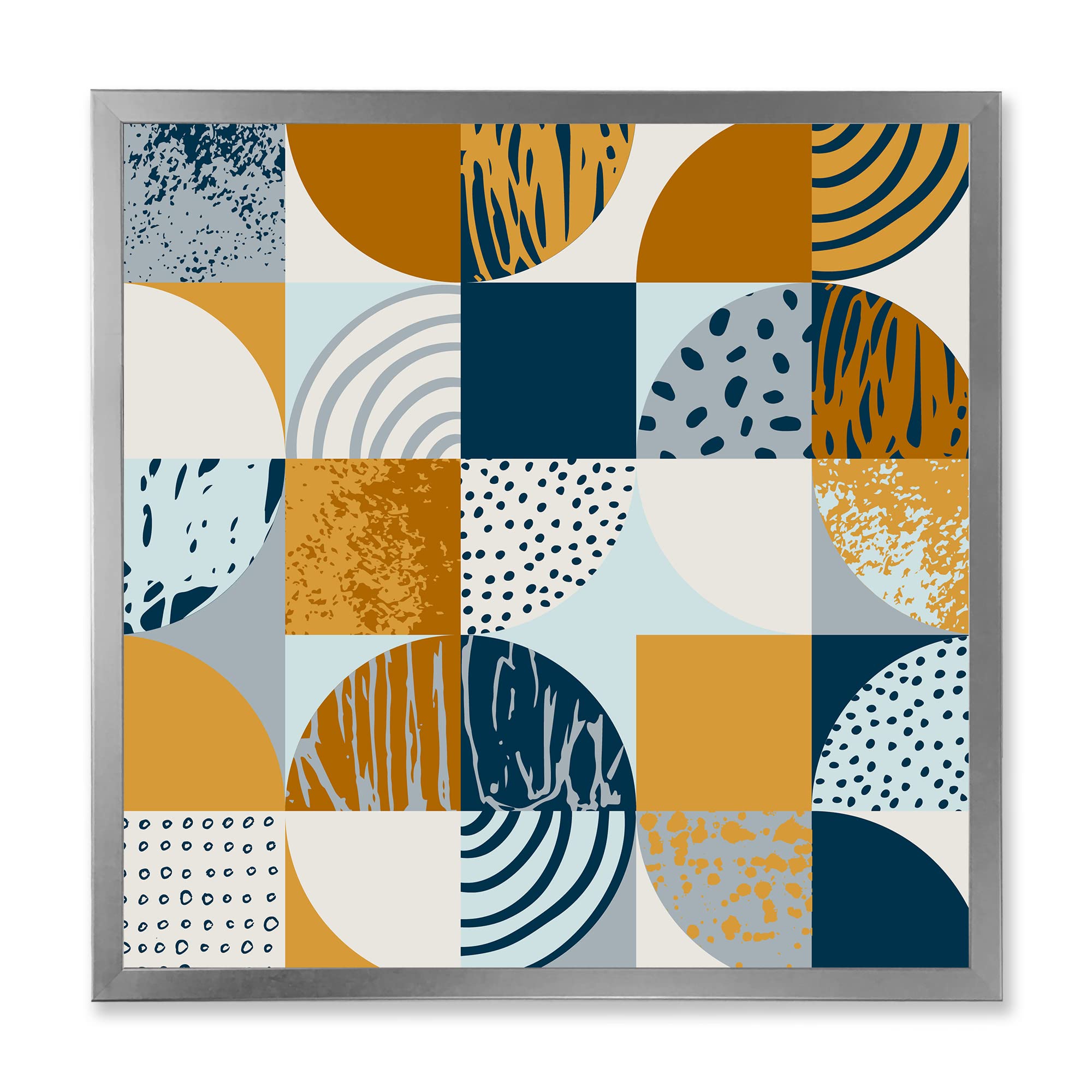 DesignQ Retro Semicircles Circles and Squares Modern Framed Wall Art - Mid Century Abstract Canvas Painting for Living Room, Bedroom & Office Decor