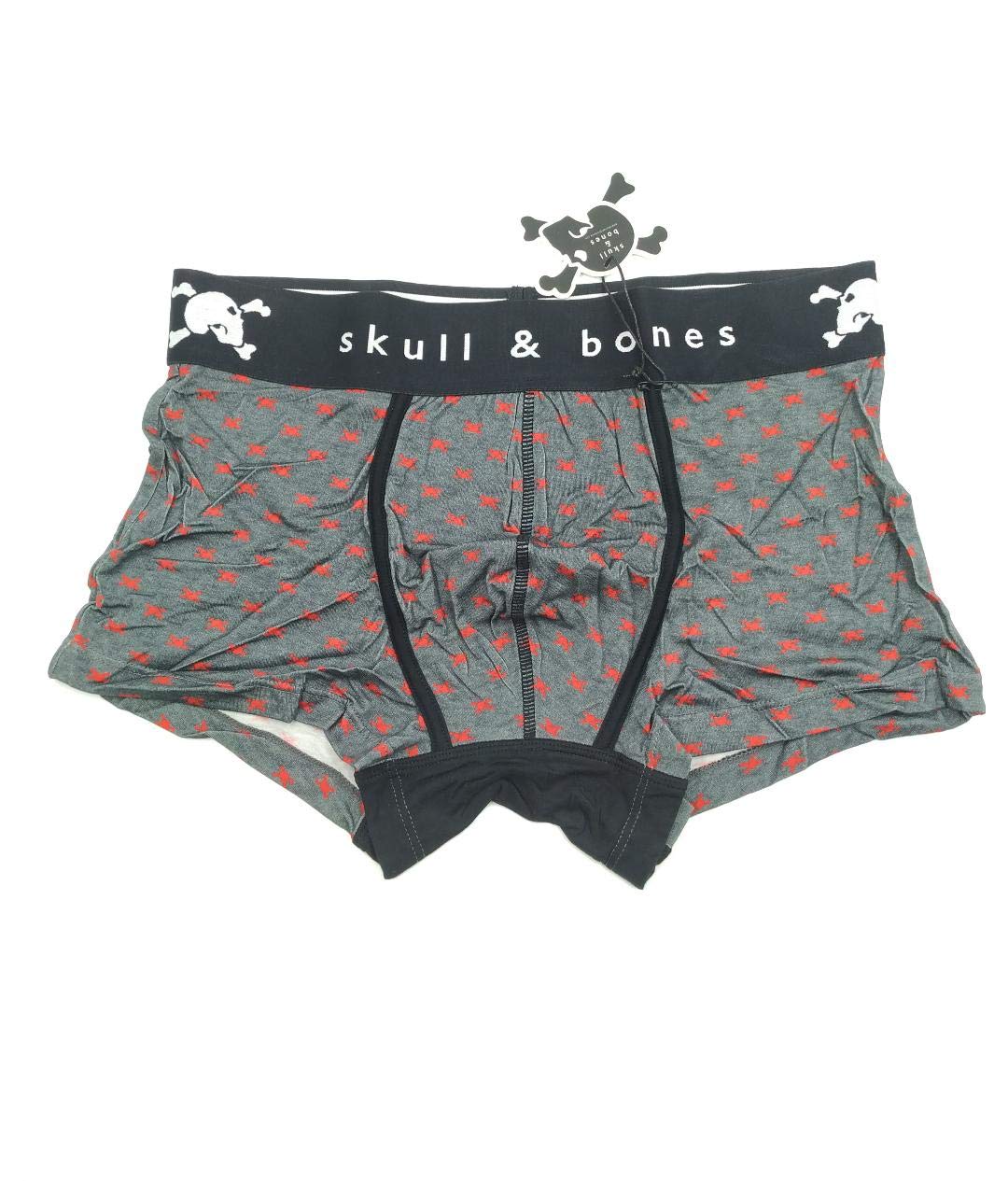 Skull and Bones Classic Trunk Underwear for Men - Heather Grey with Tiny Red Skulls Design (SB02) | Comfortable Cotton Boxer Briefs for Casual Wear, Lounge & Sleep