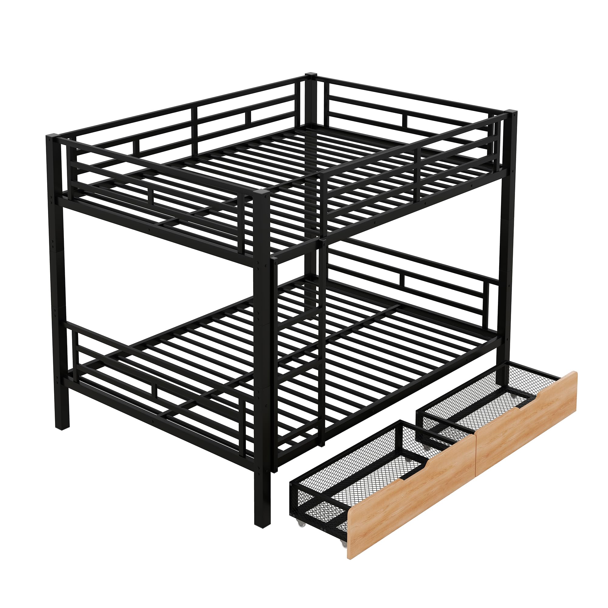 Full Over Full Bunk Bed with 2 Storage Drawers - Heavy Duty Metal Bunk Bed Frame with Safety Guard Rails & Ladder for Kids, Teens & Adults - Convertible to 2 Separate Beds - Space-Saving Black Bunk Bed for Small Rooms, Dorms & Guest Bedrooms
